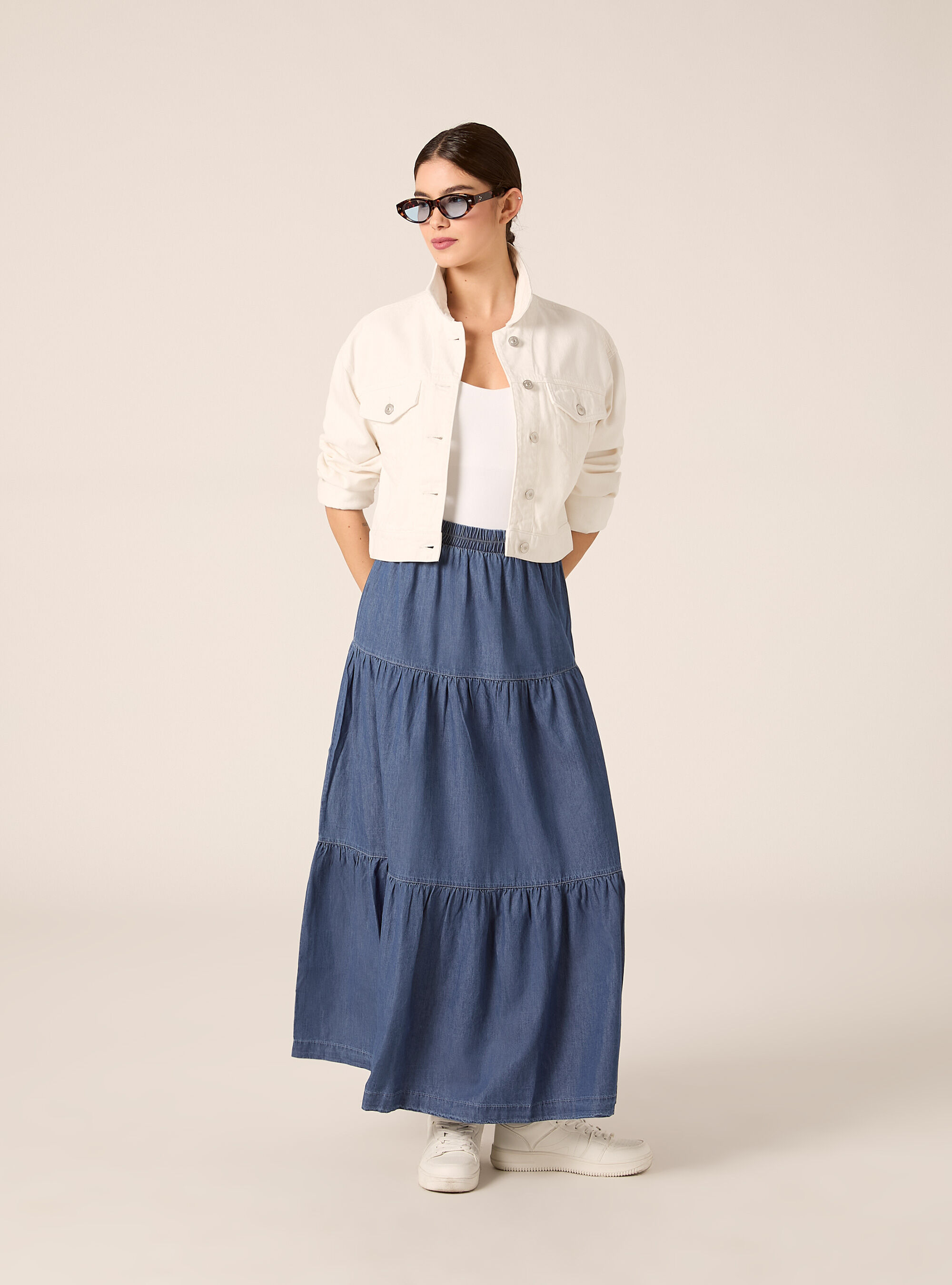 Gonna lunga con balze in chambray