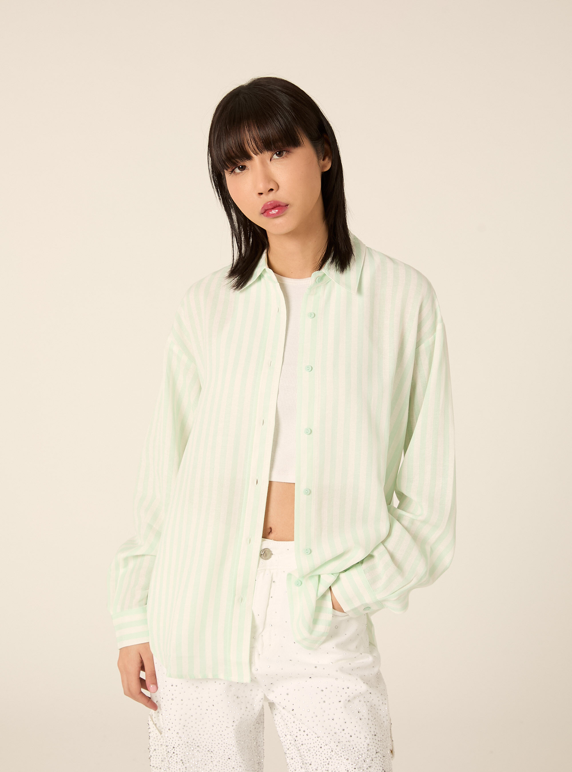 Camicia a righe in misto lino, GA3 AQUA GREEN LIGHT