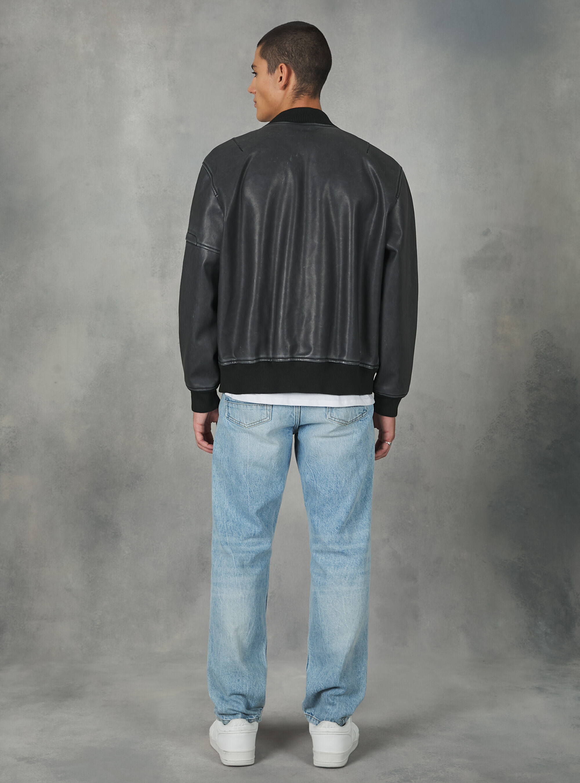 Distressed leather effect bomber jacket
