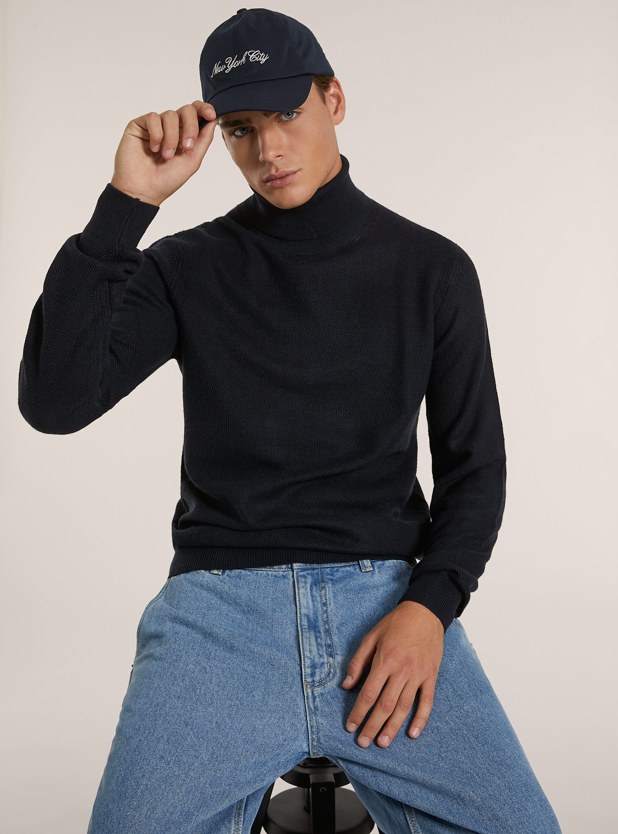 Jersey de cuello alto con textura de punto de arroz, AZUL MARINO