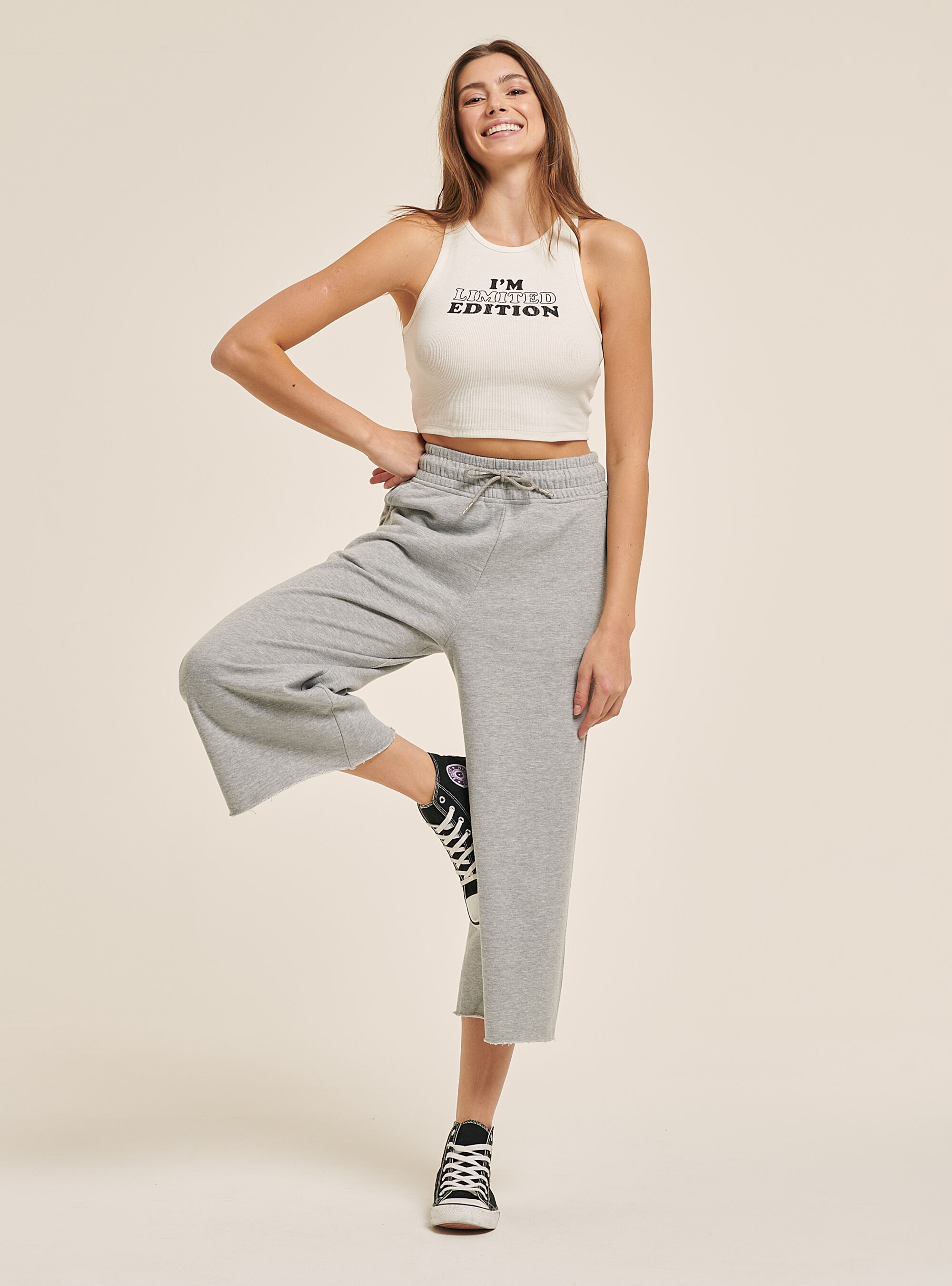 Crop top in cotone con stampa lettering, BIANCO