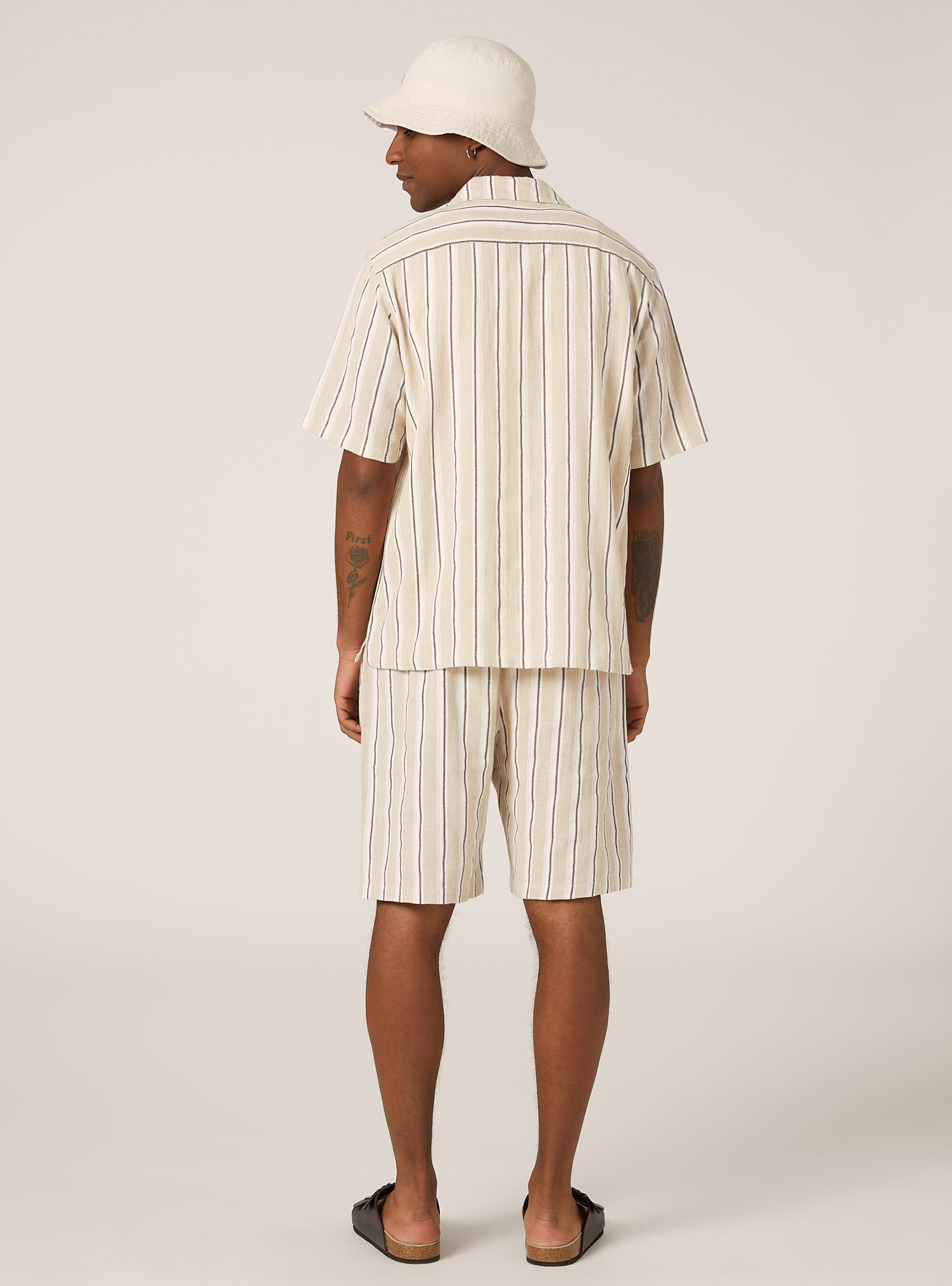 Short-sleeved striped linen shirt, BG2 BEIGE MEDIUM