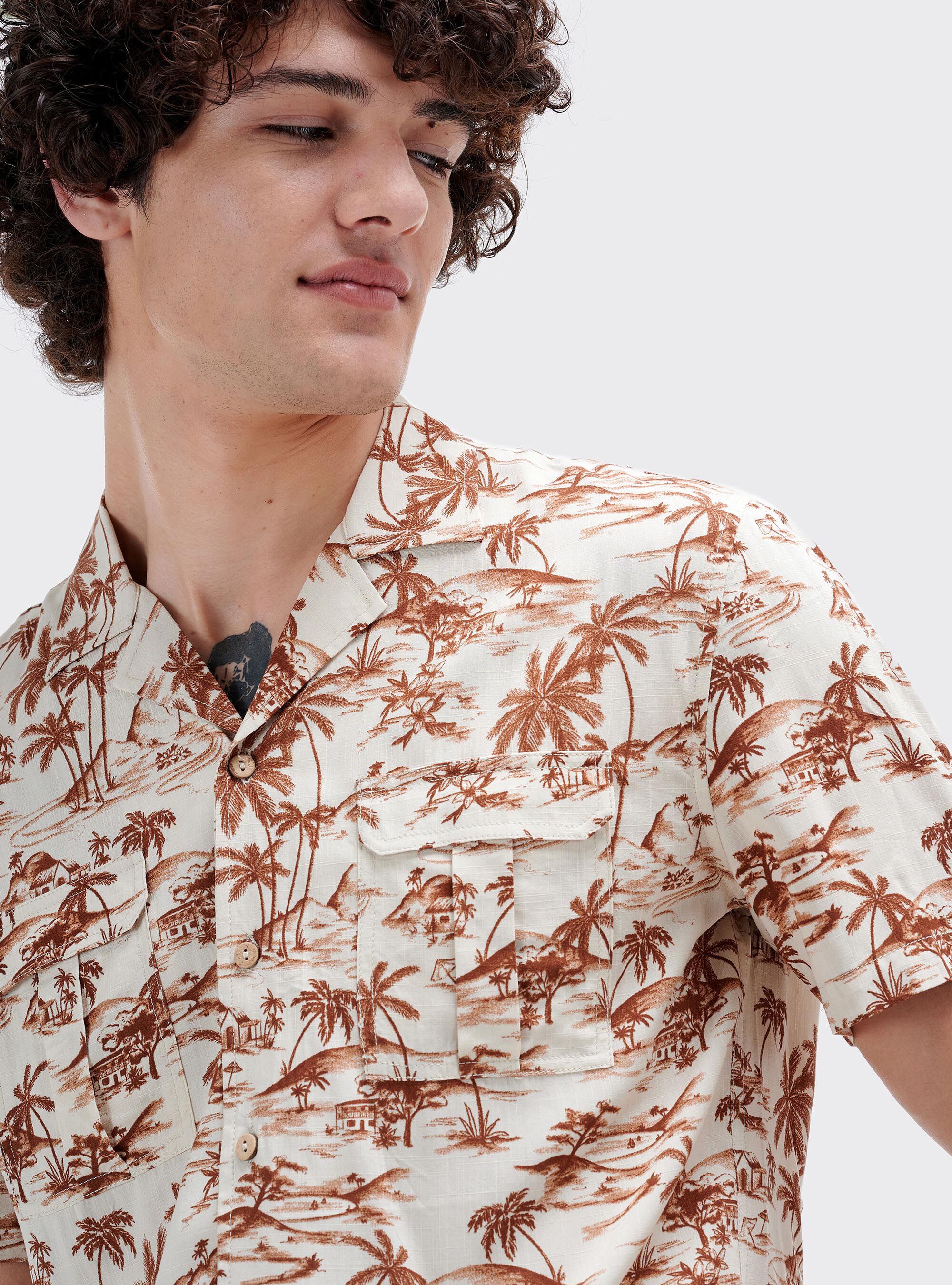 Palm print shirt, BEIGE / CAMEL