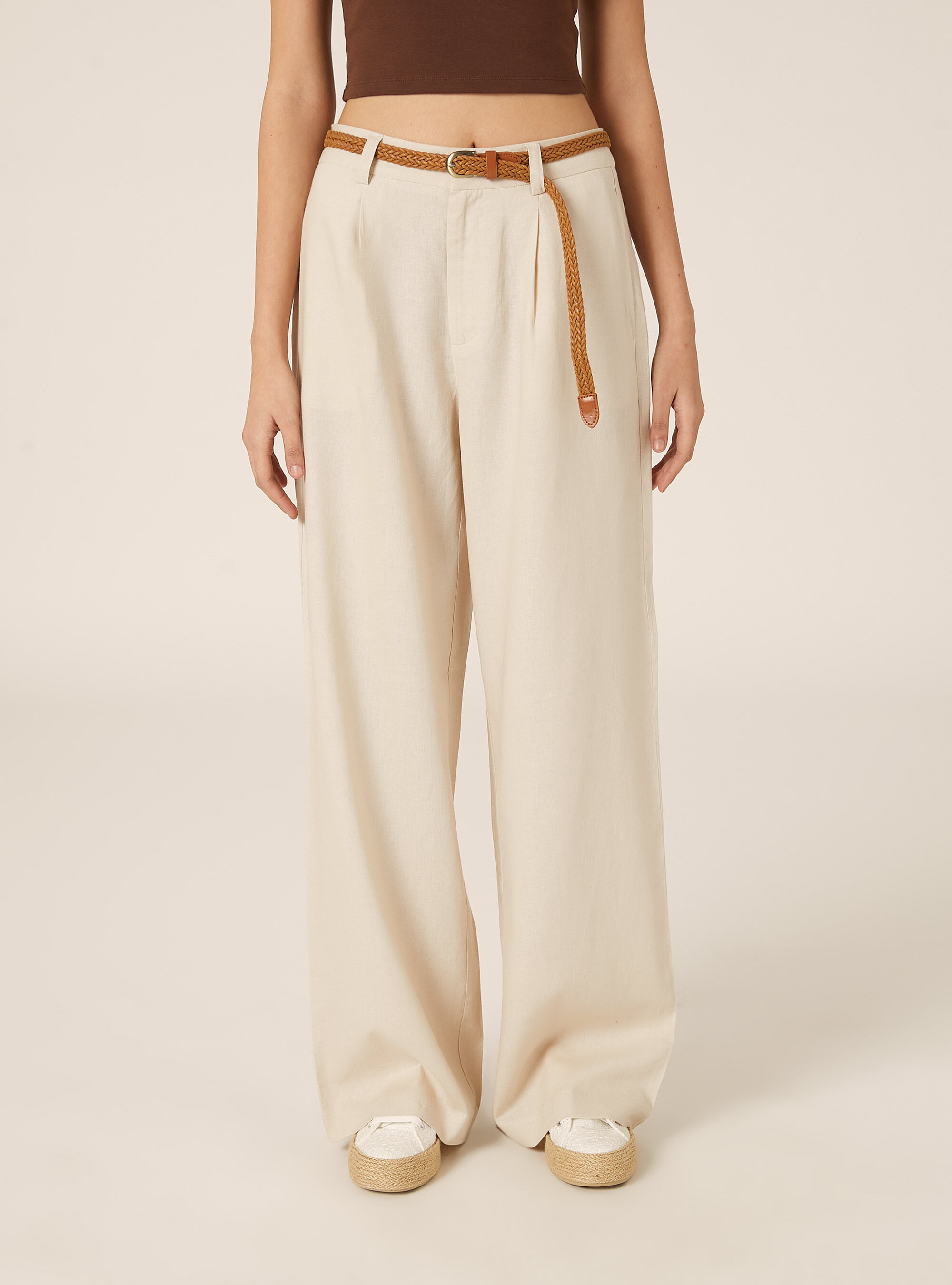 Pantaloni in misto lino con cintura