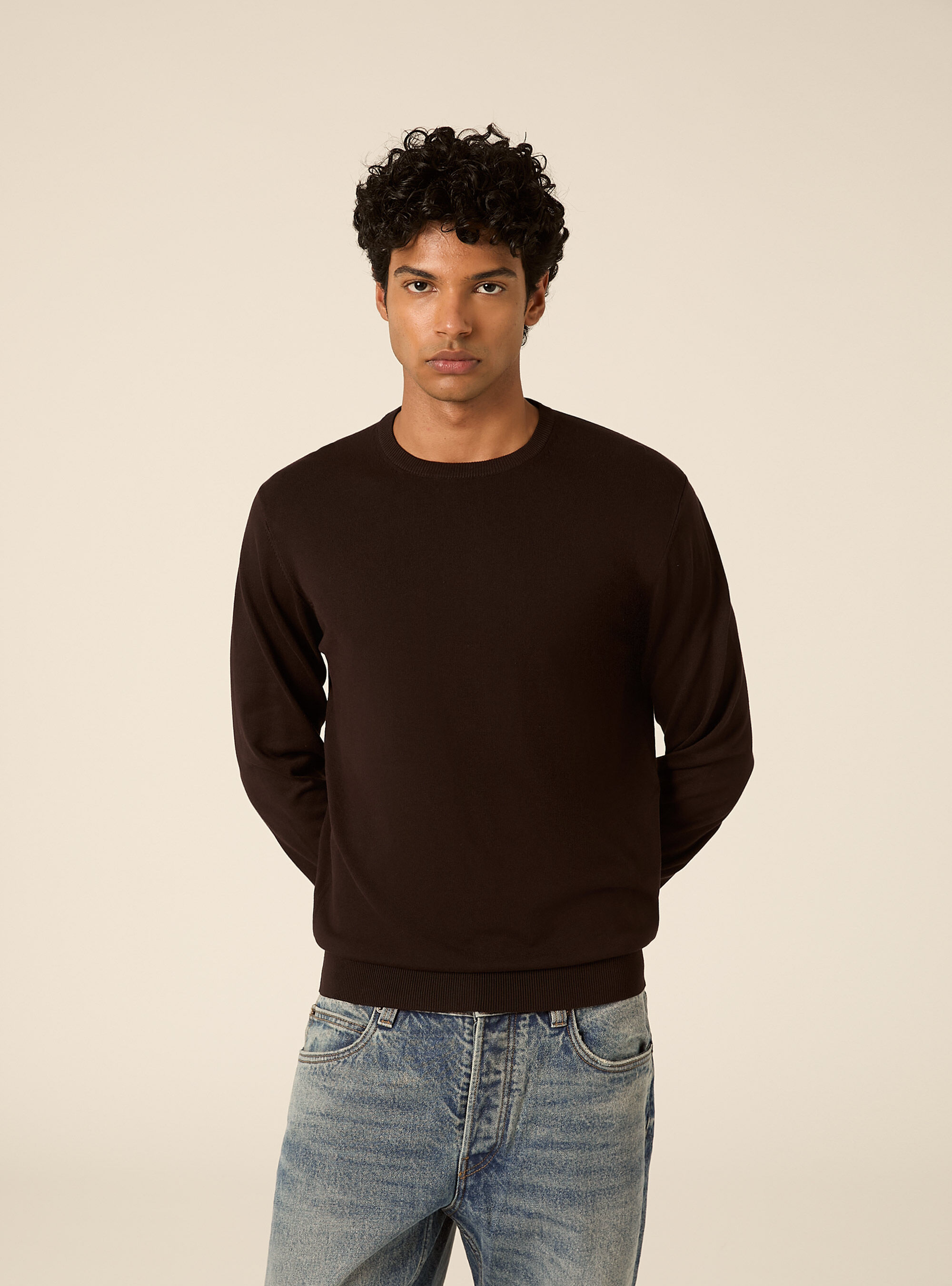 Pullover girocollo in viscosa, MARRONE SCURO