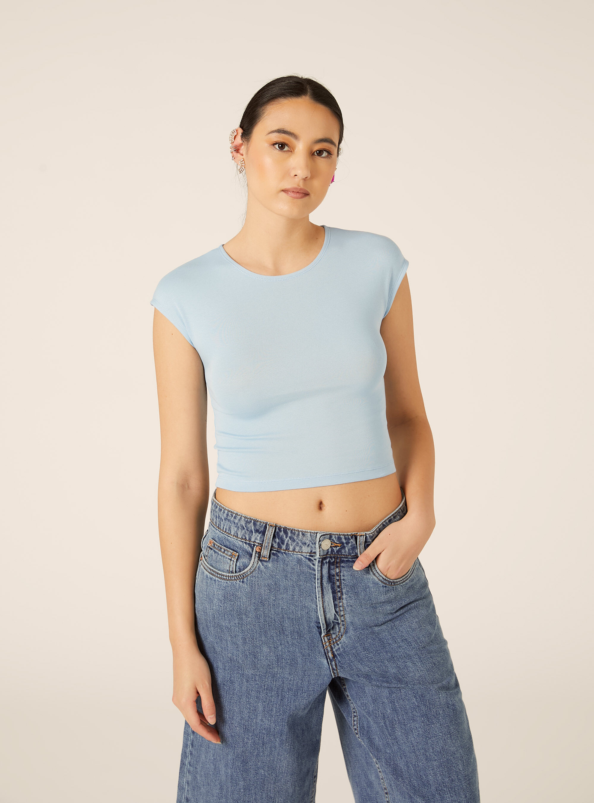T-shirt crop con con maniche ad aletta, AZ3 AZURE LIGHT