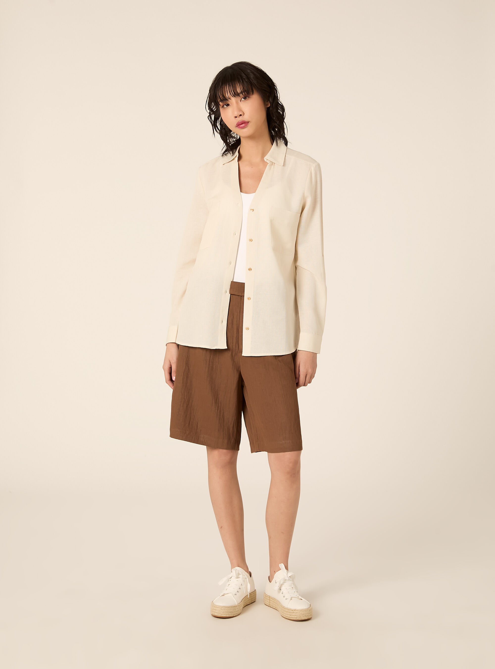 Camicia blusa in misto lino, CR2 CREAM MEDIUM