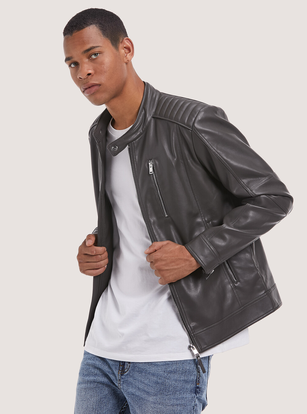 Montone Alcott Giubbotto Pelle Giubbotto Biker Giacca Pelle Grigia