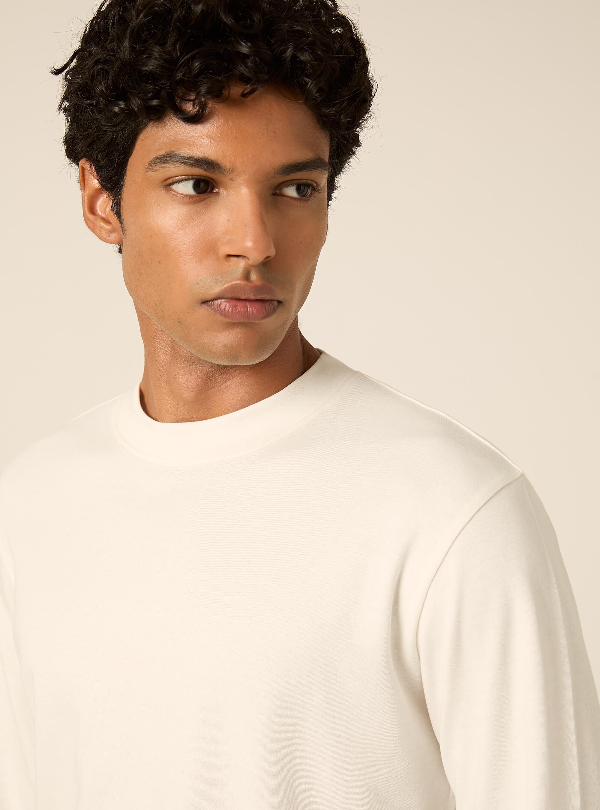 Maglia girocollo maniche lunghe interlock, PANNA