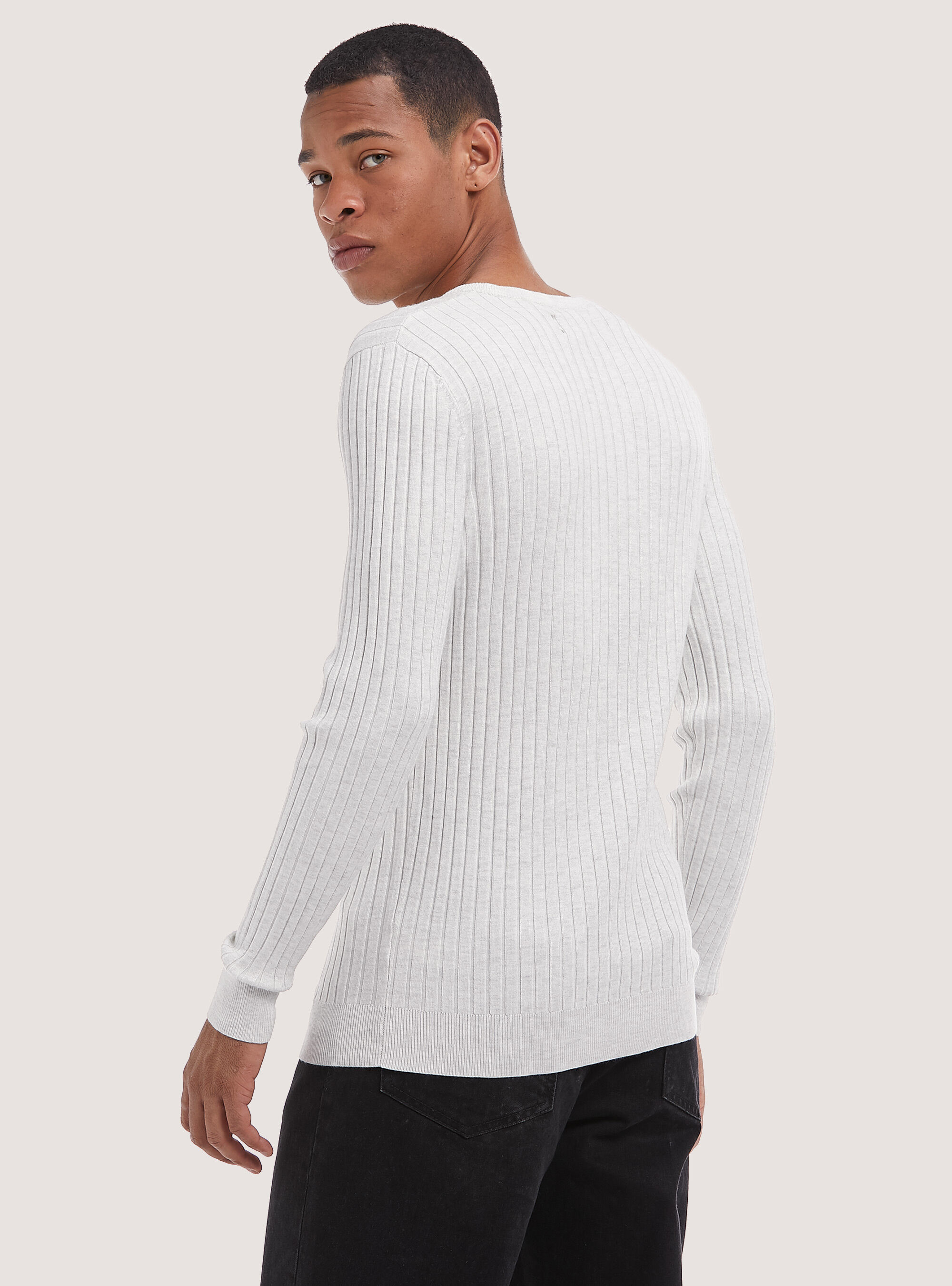 Pullover girocollo a coste in morbida viscosa, MGY3 GREY MEL LIGHT