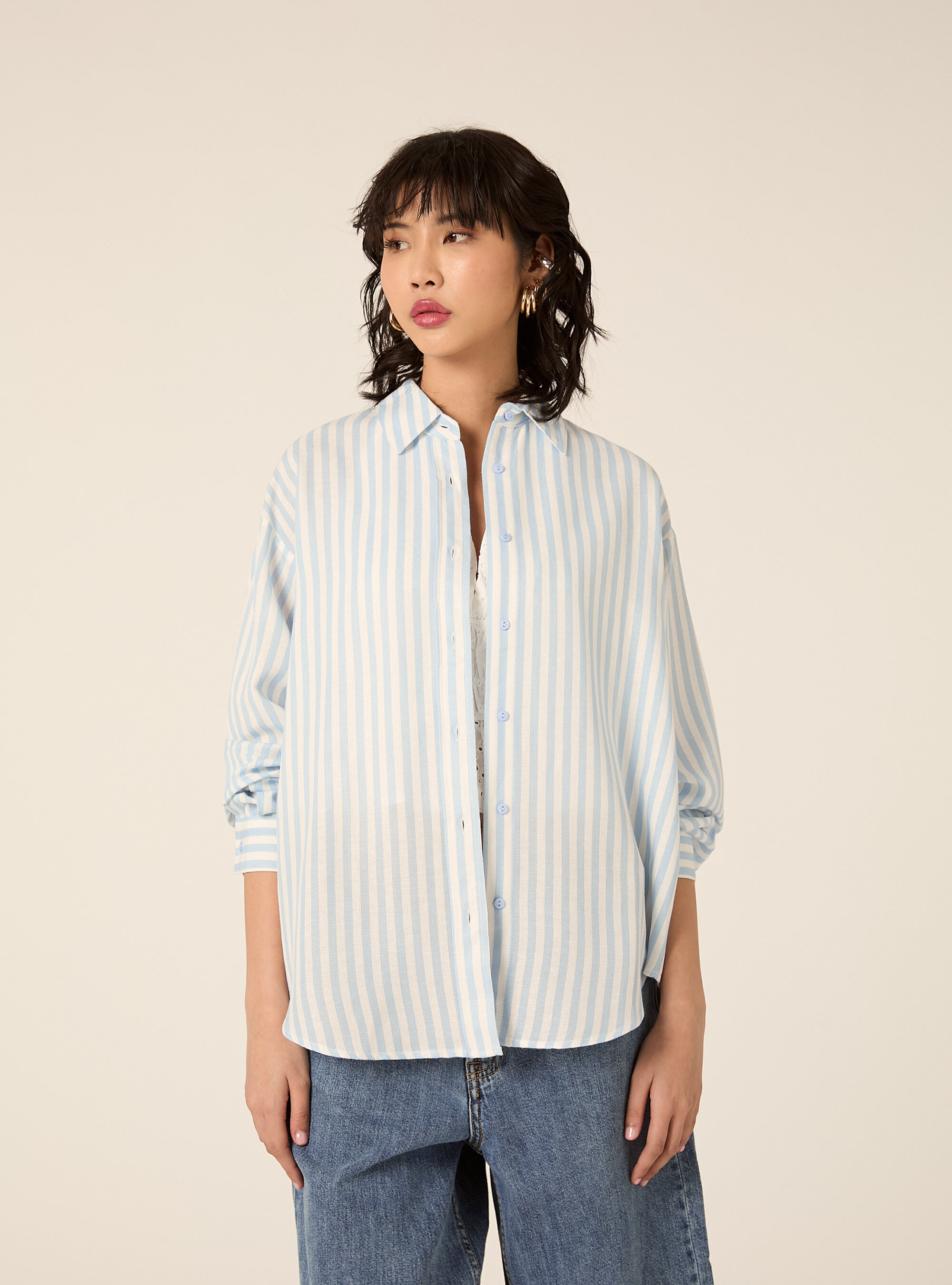 Camicia a righe in misto lino, AZ2 AZURE MEDIUM