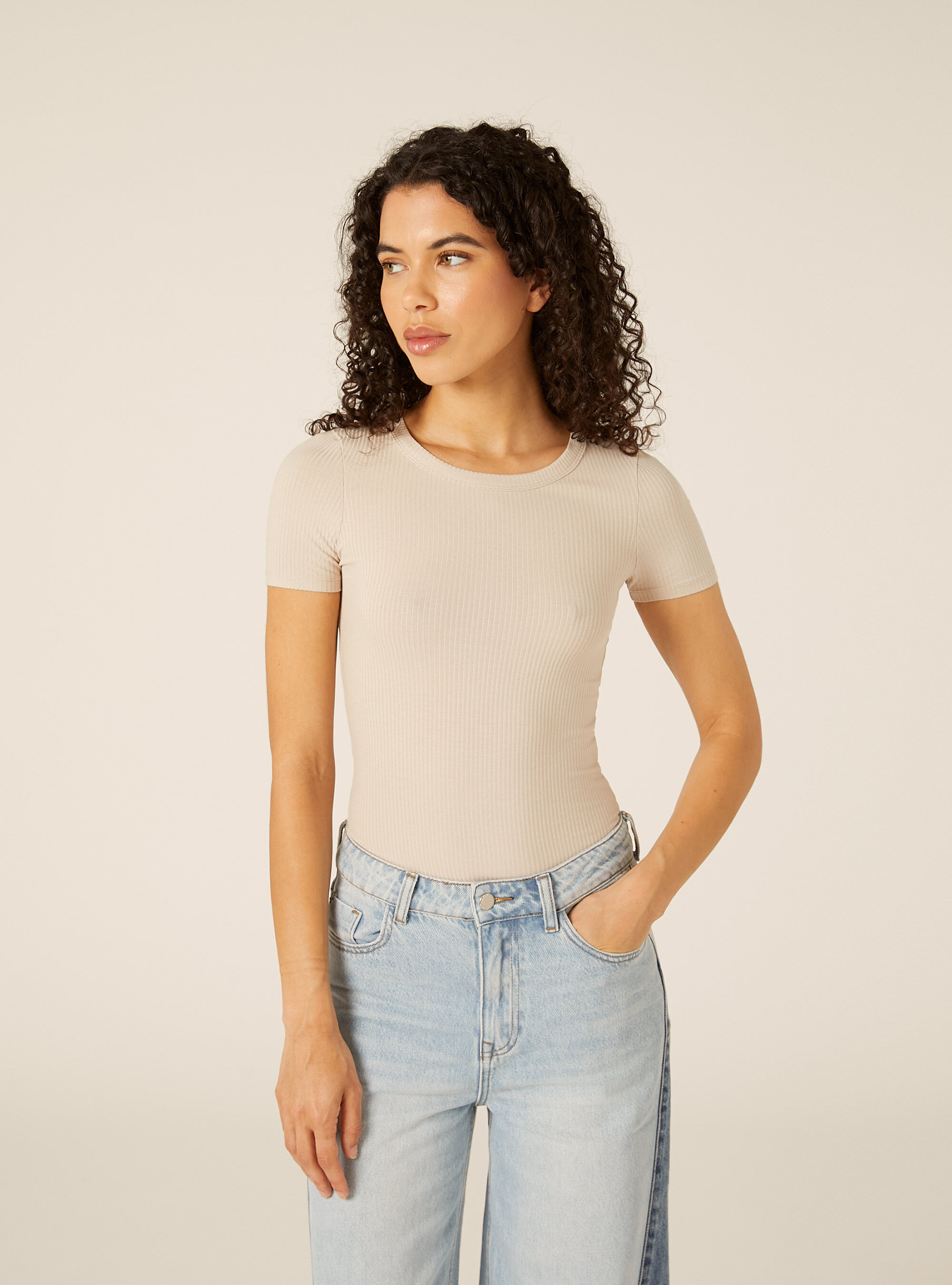 Body a coste maniche corte, BG2 BEIGE MEDIUM