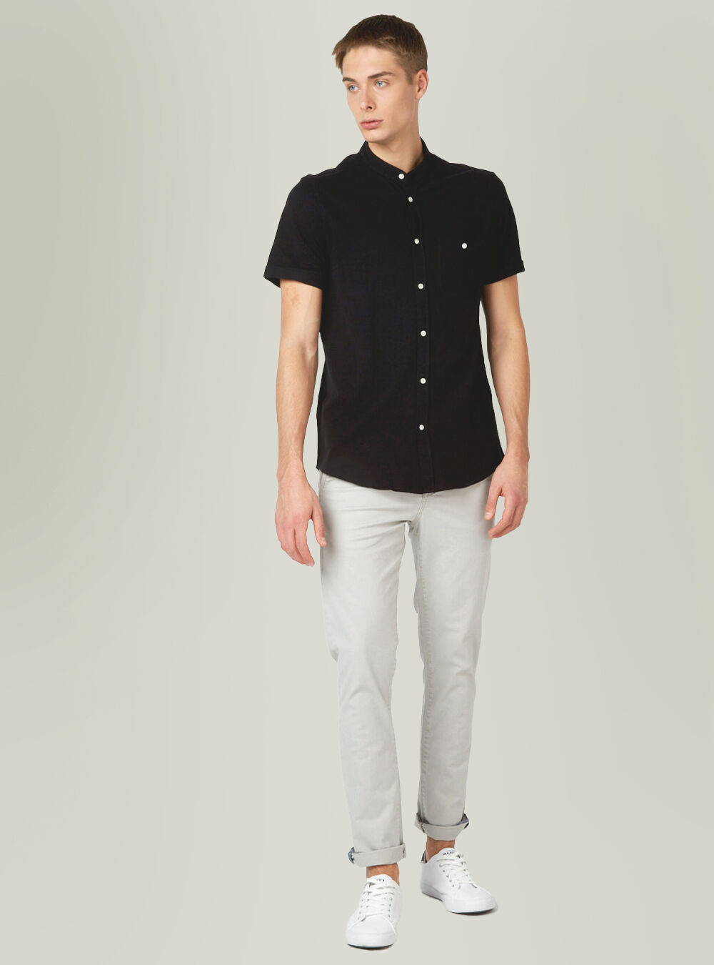 Camicia di piquet con collo coreano, BLACK