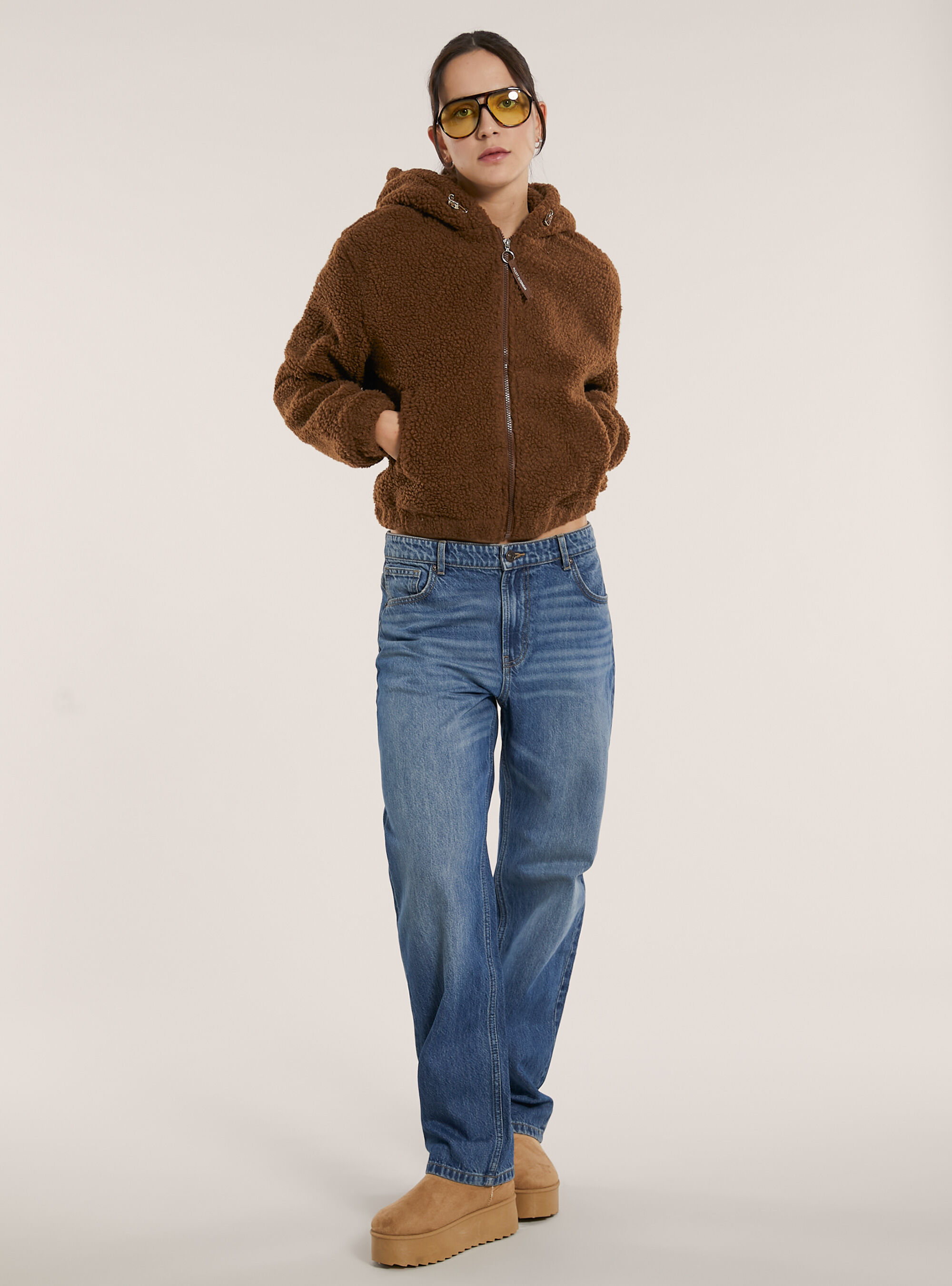 Giubbotto sherpa  crop fit, BR1 BROWN DARK