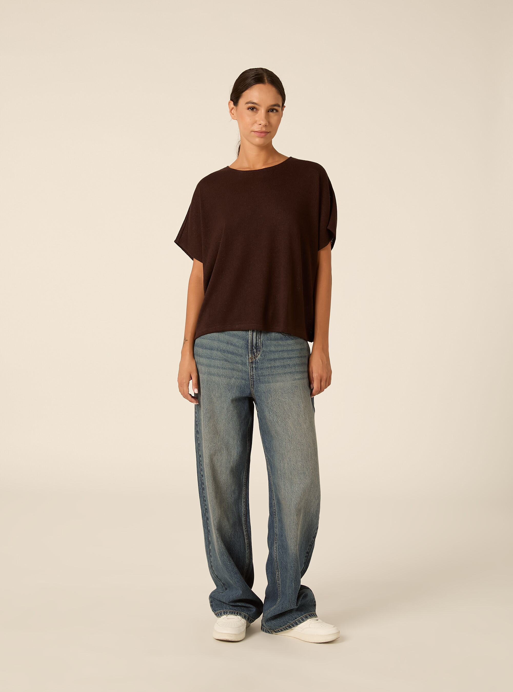 Maglietta over con texture increspata, MARRONE SCURO