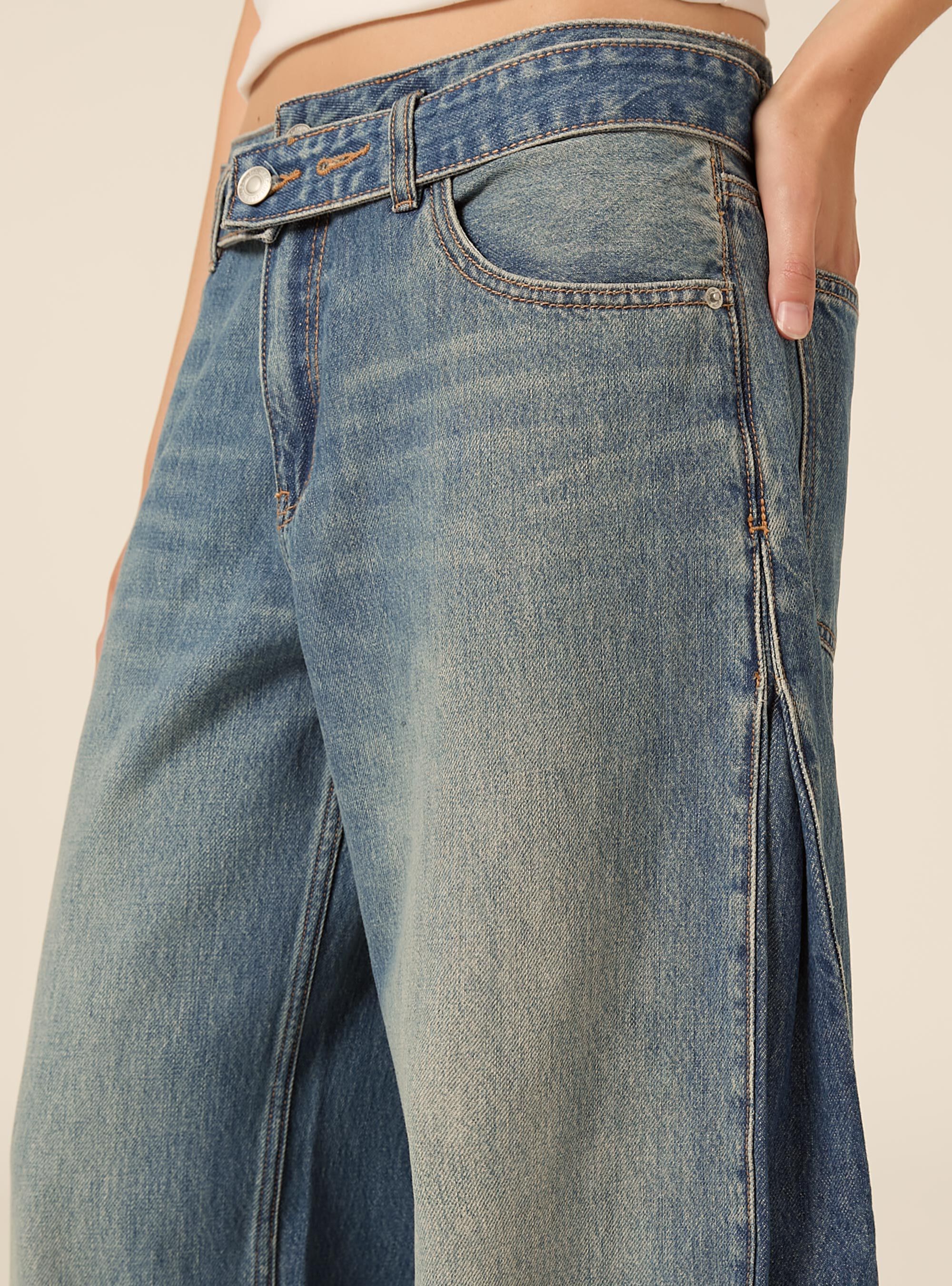 Vaqueros palazzo wide leg de talle bajo con abertura lateral, D004 MEDIUM LIGHT BLUE