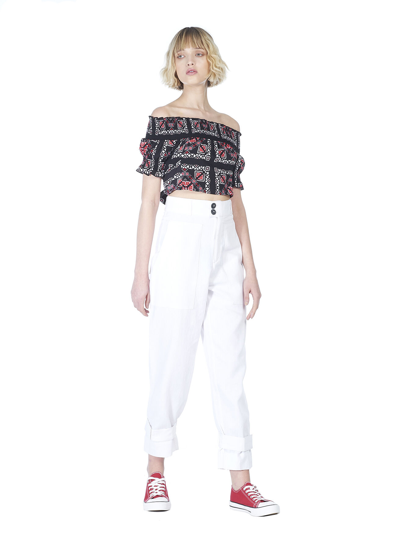 Pantaloni utility con tasconi a vita alta, WHITE