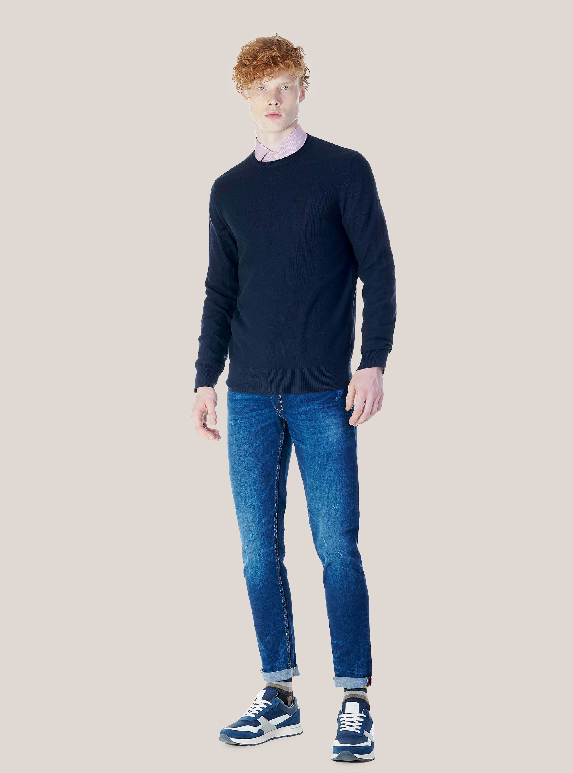 Maglia girocollo in misto cashmere, BLU MARINO