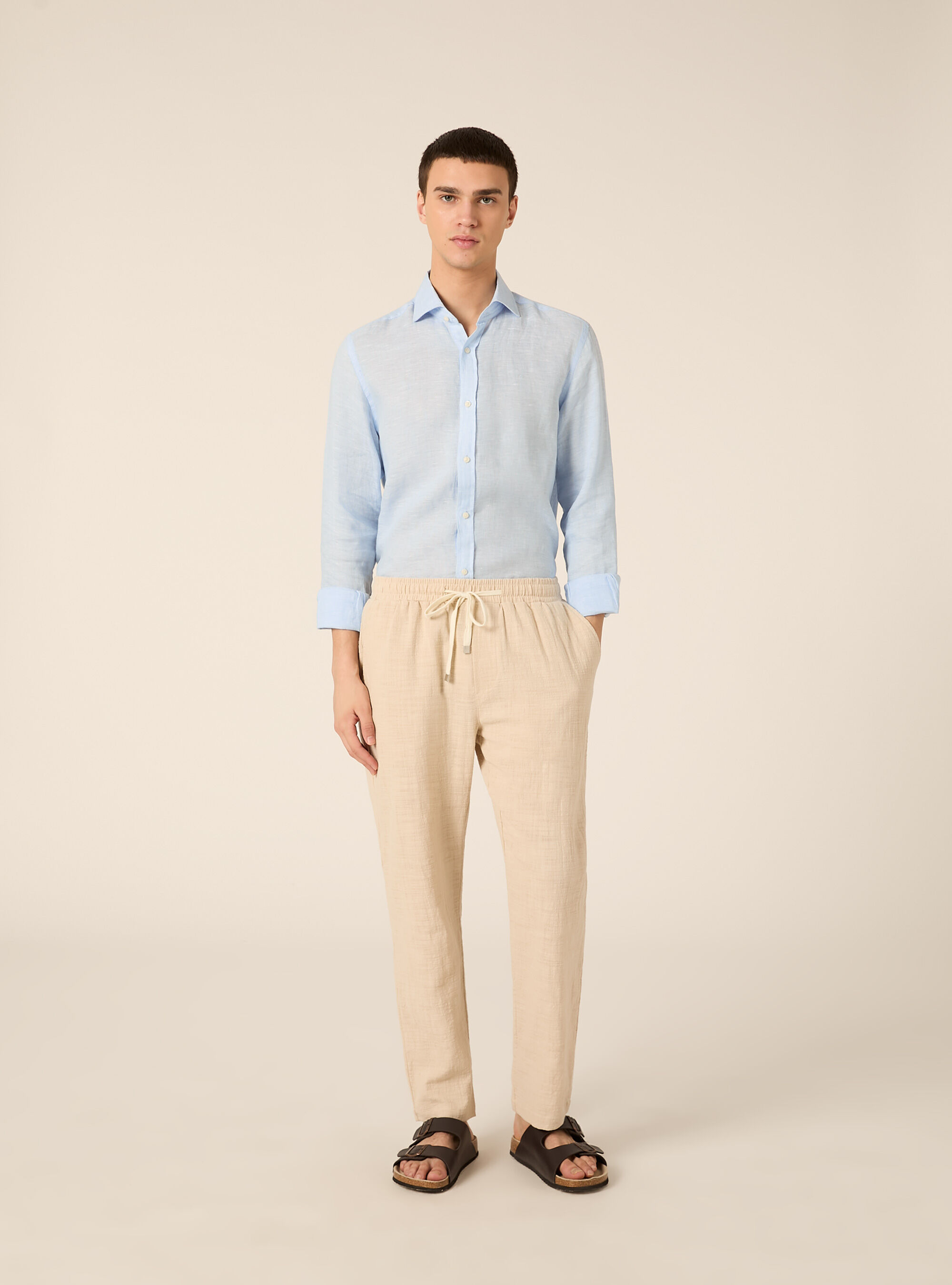 Pantaloni in cotone con laccio in vita, BG3 BEIGE LIGHT