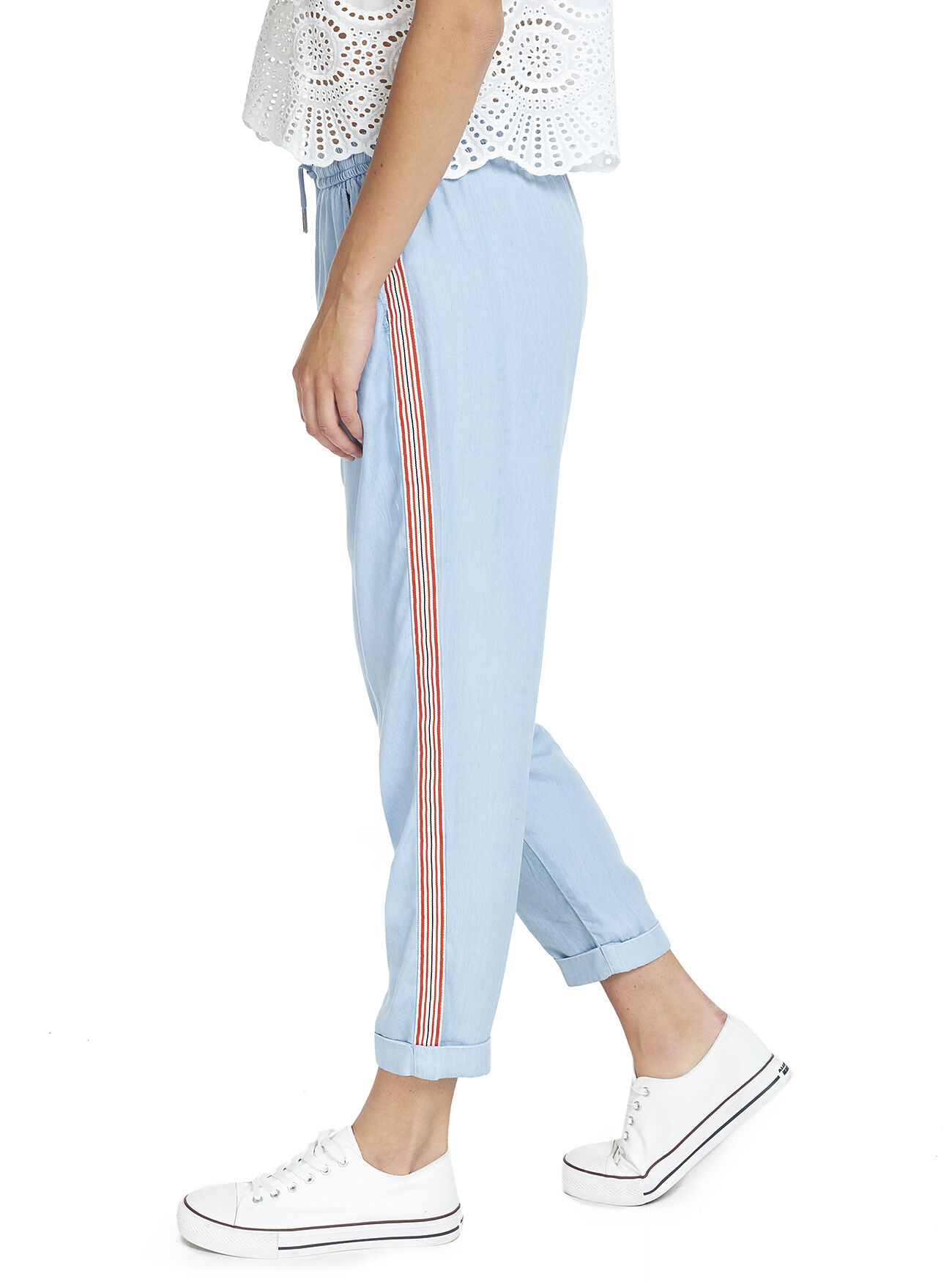 Jogger in tessuto leggero effetto denim con bande laterali a contrasto, BLUE