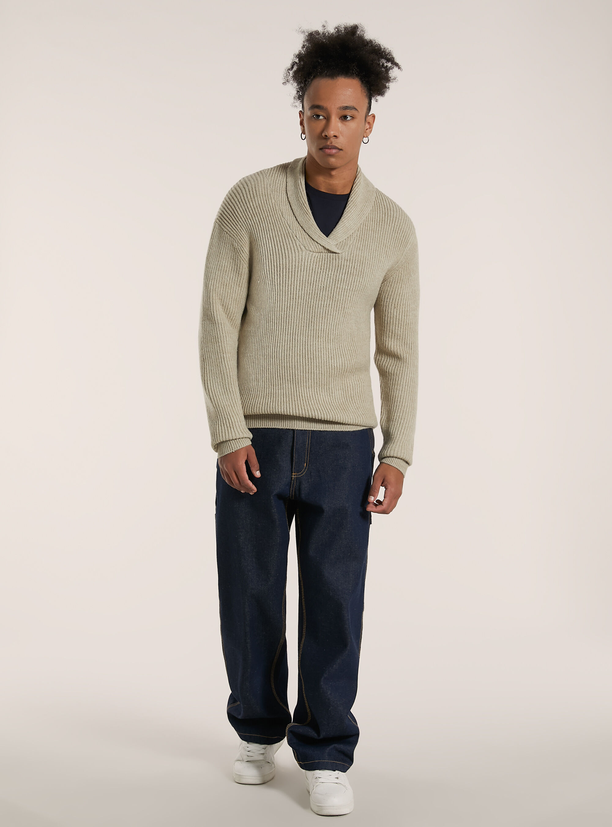 Jersey suave de canal&eacute; con cuello en relieve, MBG2 BEIGE MEL MED