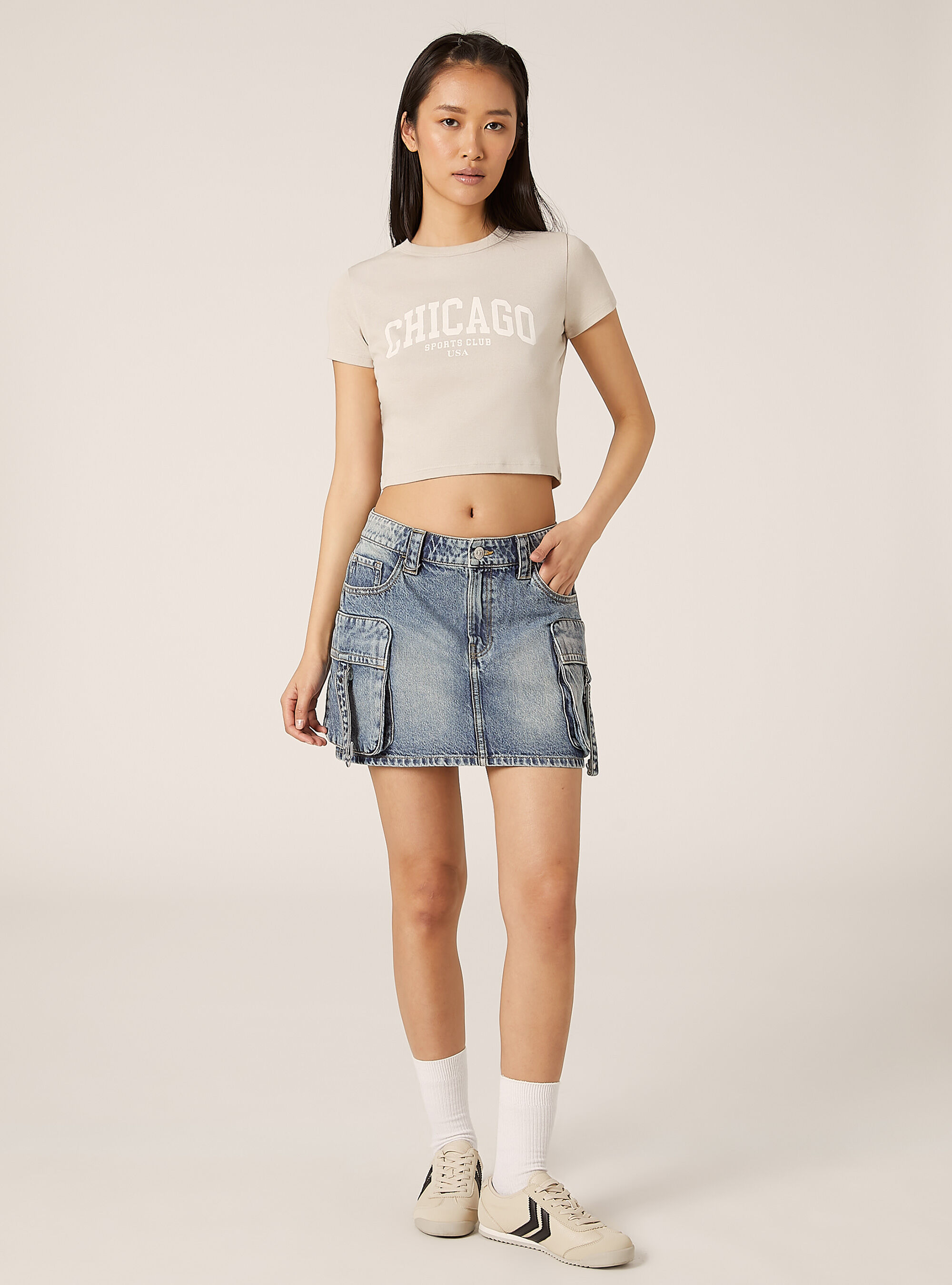 Cropped t-shirt with college print, BG3 BEIGE LIGHT