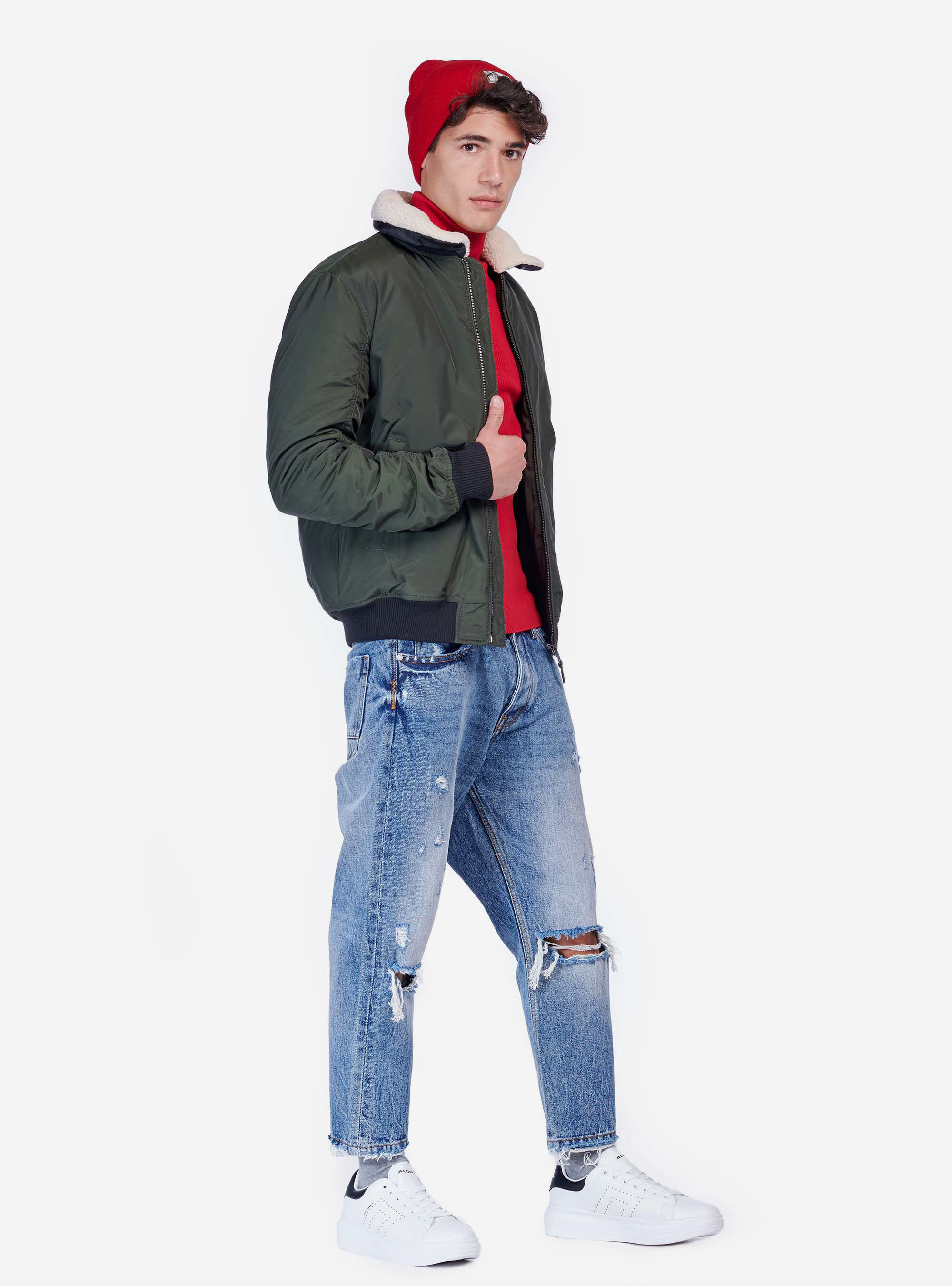 JACKET WITH FUR COLLAR AND POCKET ON SLEEVE, KAKI