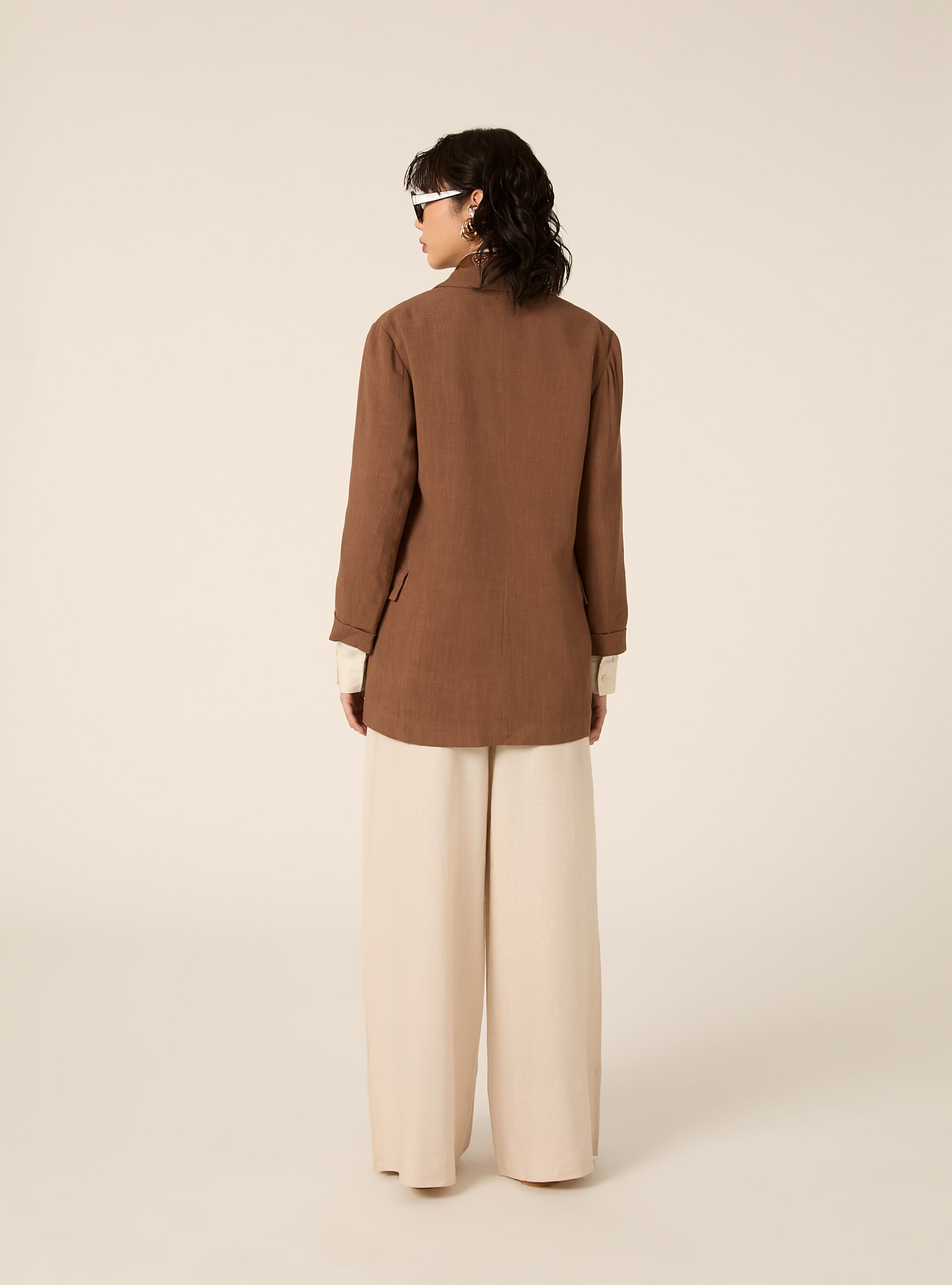 Blazer doppiopetto in misto lino, BR3 BROWN LIGHT