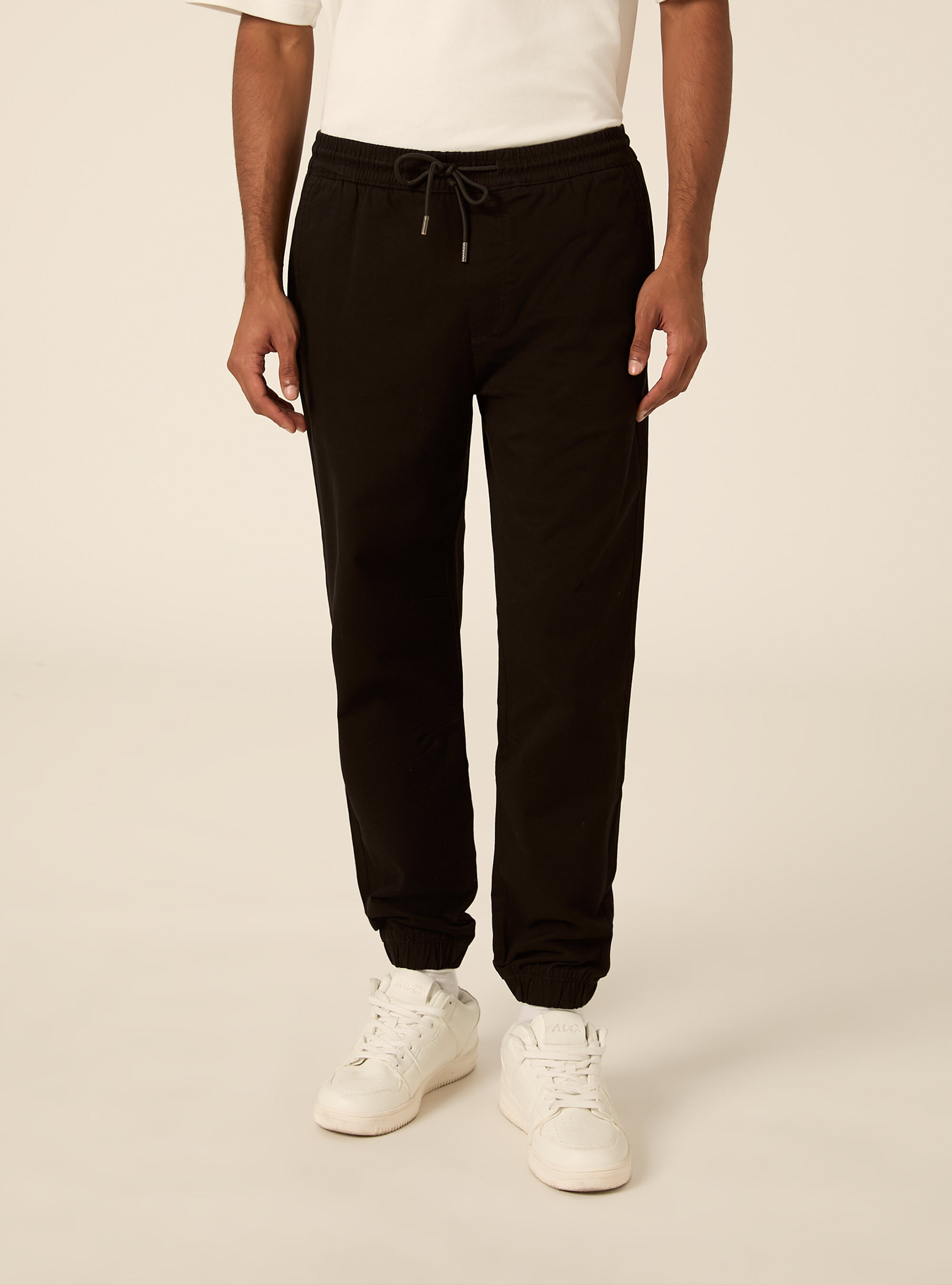 Pantaloni twill stretch elastico e stringa in vita, BK1 BLACK