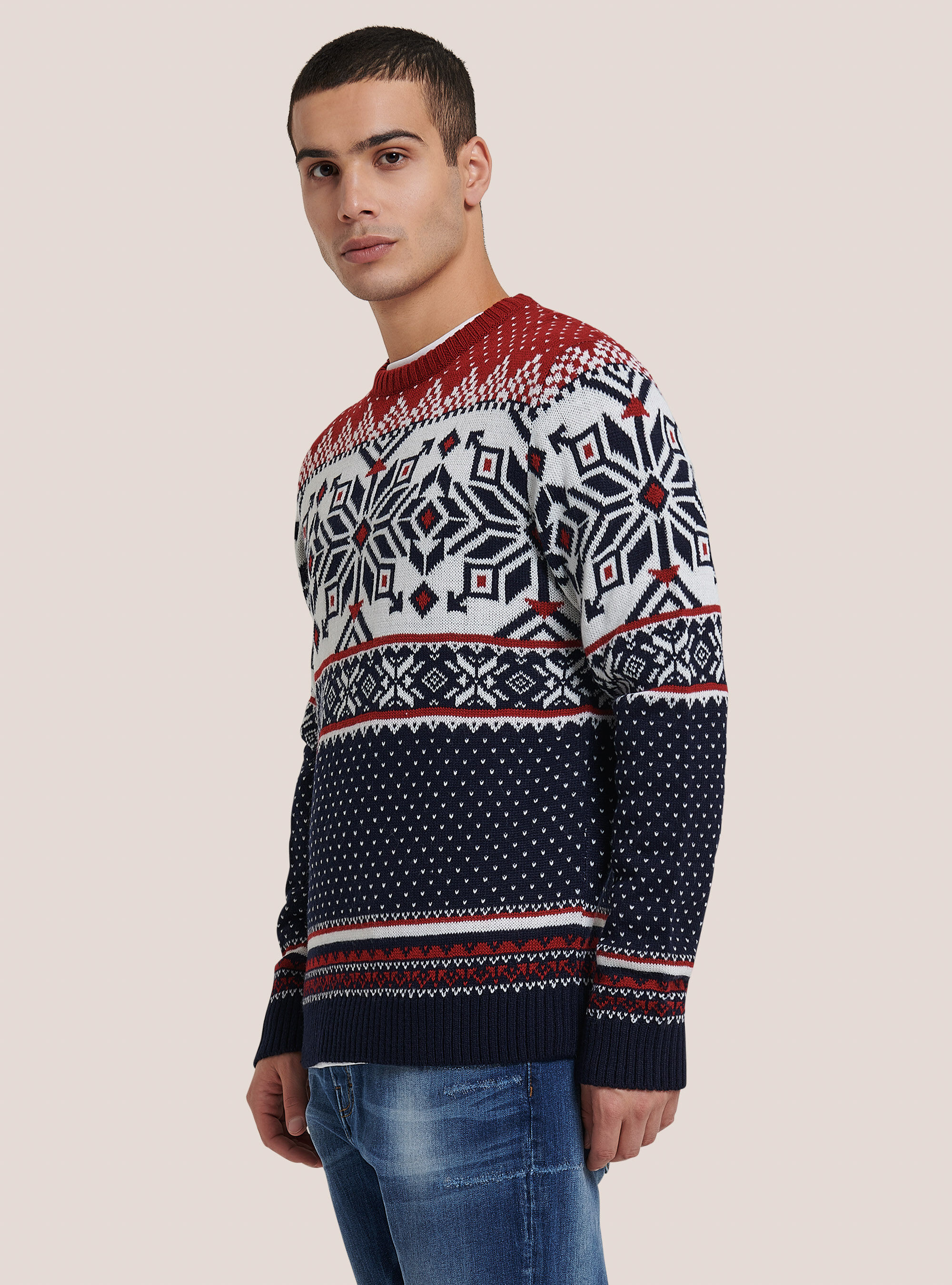 Jersey navide&ntilde;o de cuello redondo con copos de nieve, ROJO