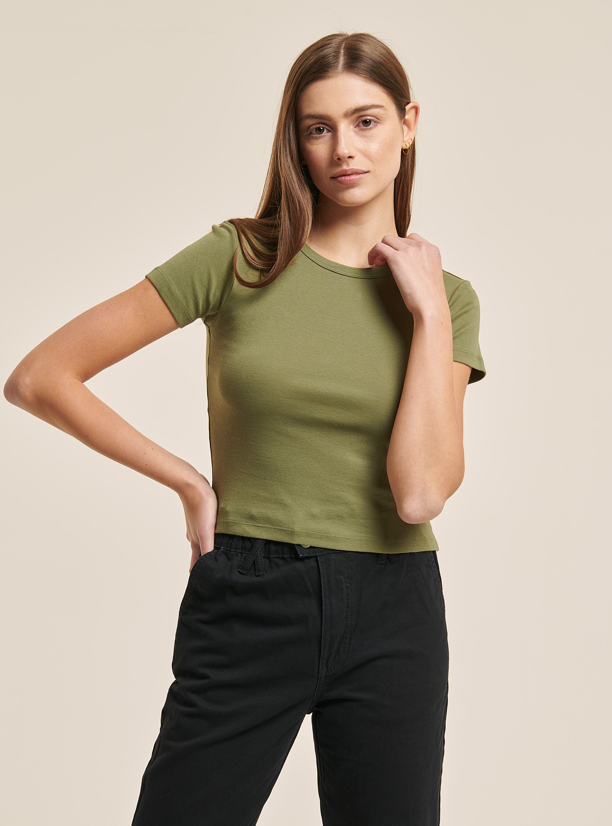 Geripptes Crop-T-Shirt, C0606 KAKY
