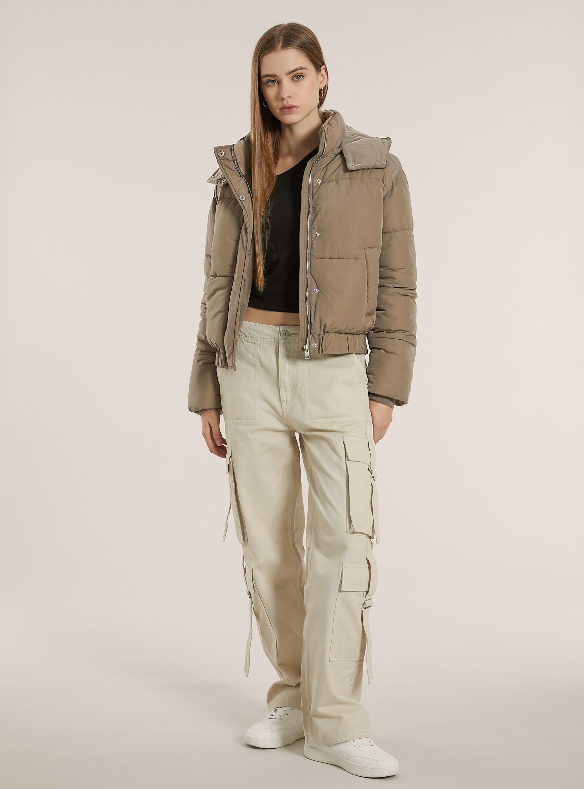 Puffy jacket with removable hood, BG2 BEIGE MEDIUM