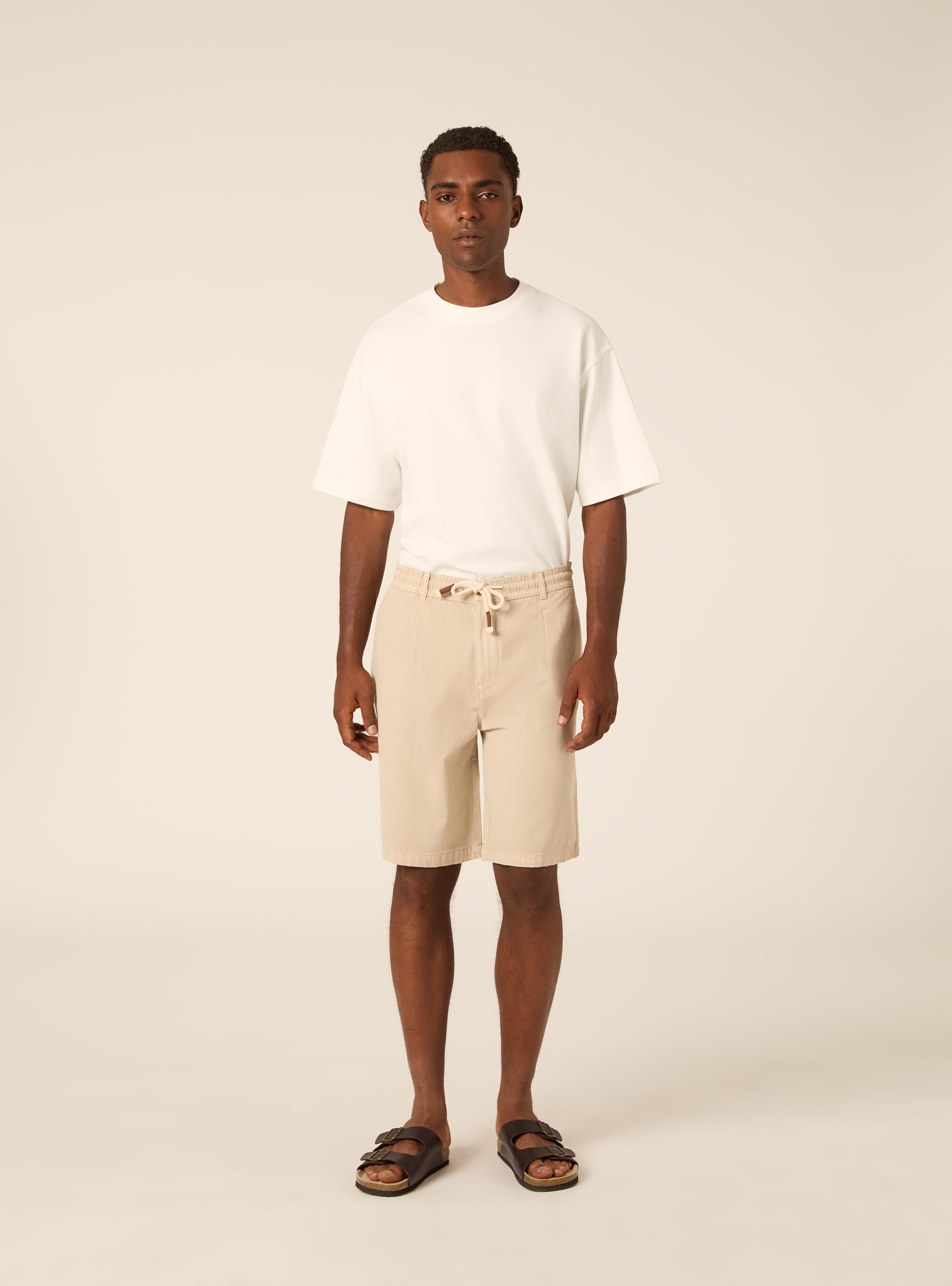 Pleated Baby Twill Drawstring Bermuda Shorts