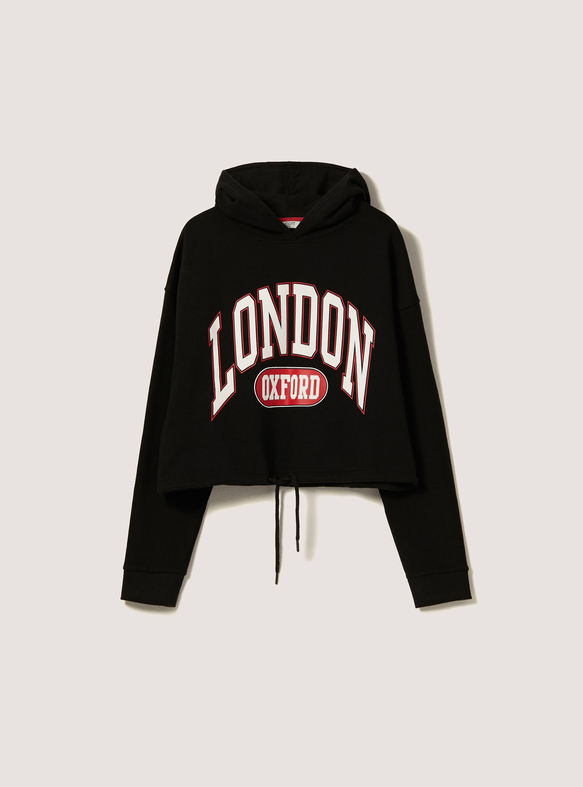 Cropped sweatshirt with print and drawstring at hem, BK1 BLACK