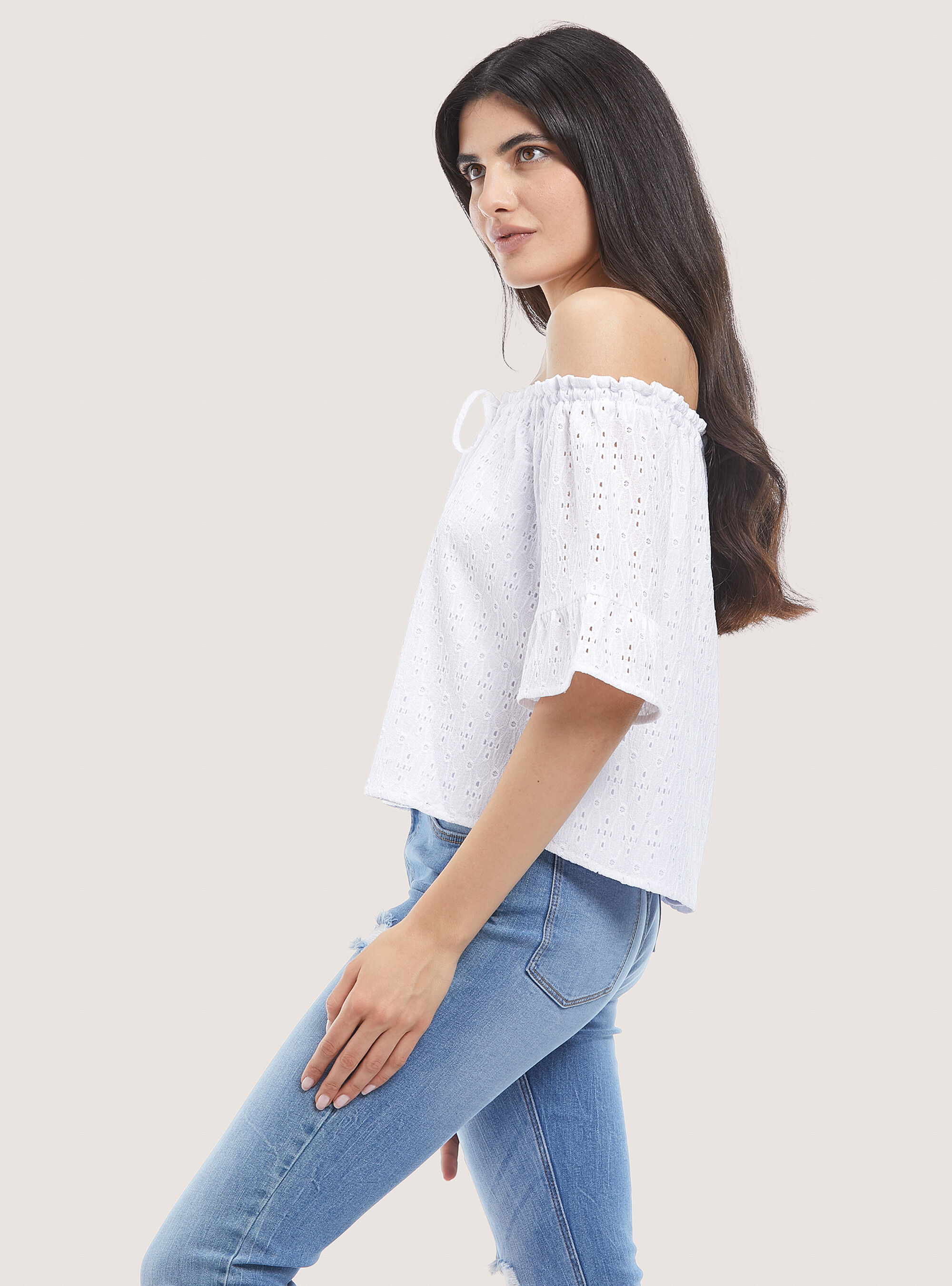 San gallo lace blouse with bardot neckline