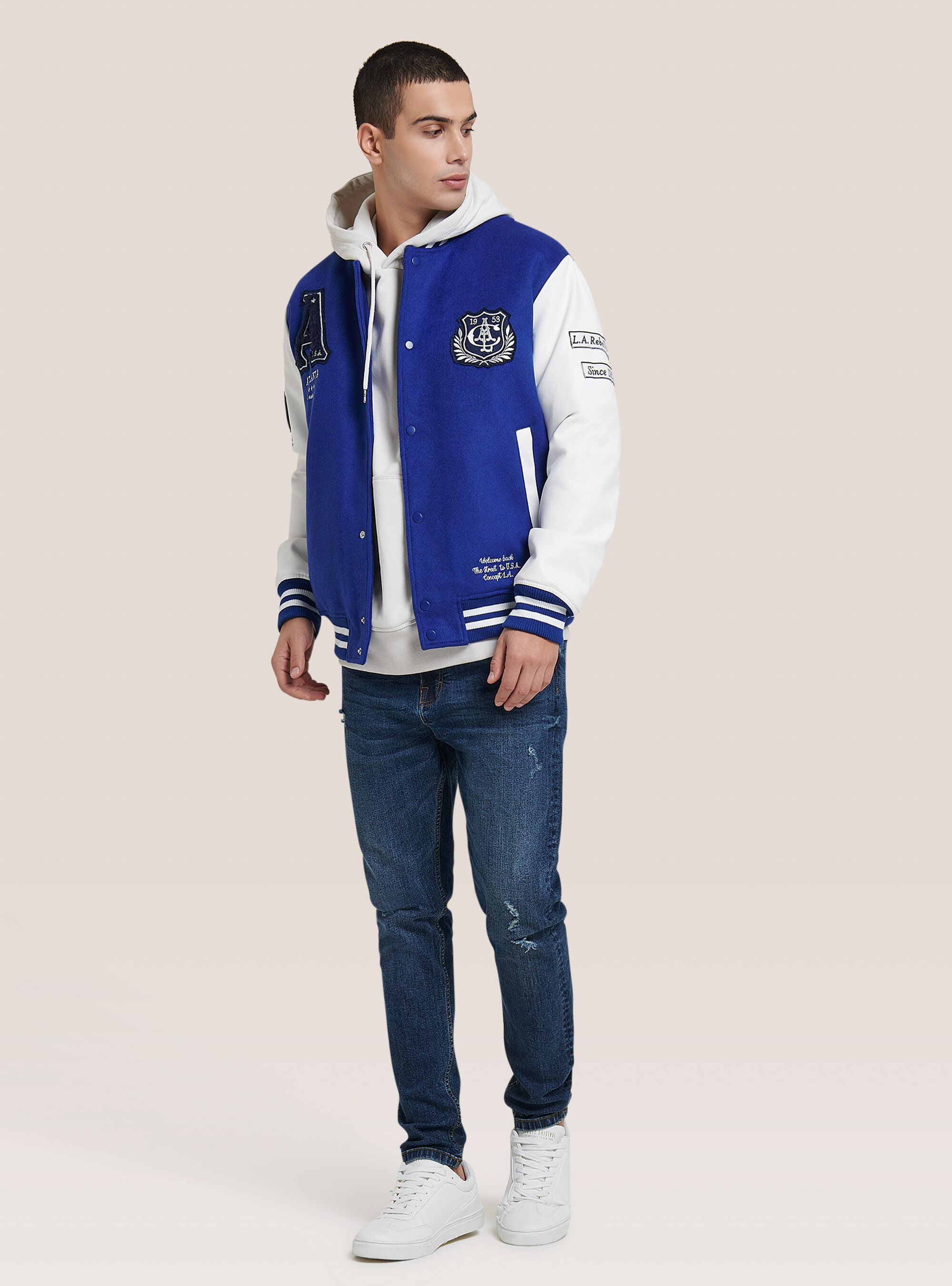 bomber jacket blue and white