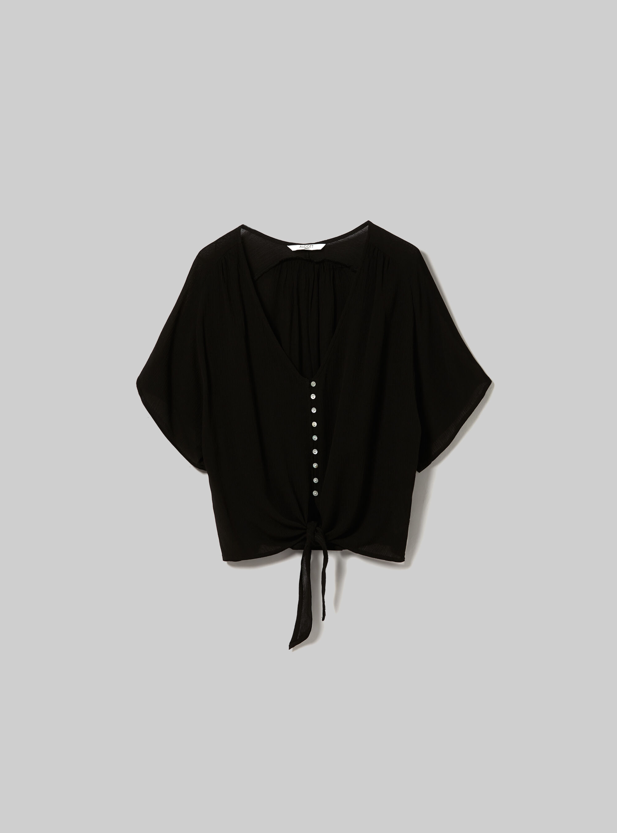 Camisa de color liso con cuello de pico y nudo en la cintura, BK1 BLACK