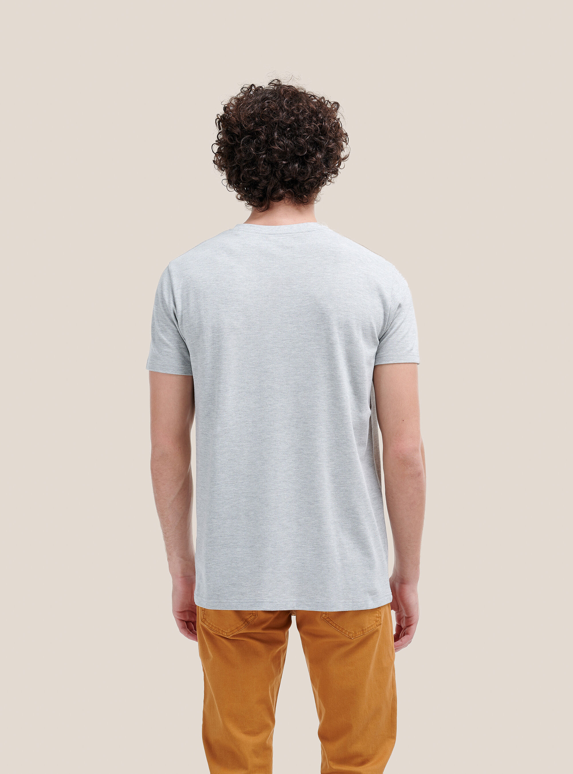Basic T-shirt with V-neck, LIGHT GREY MELANGE