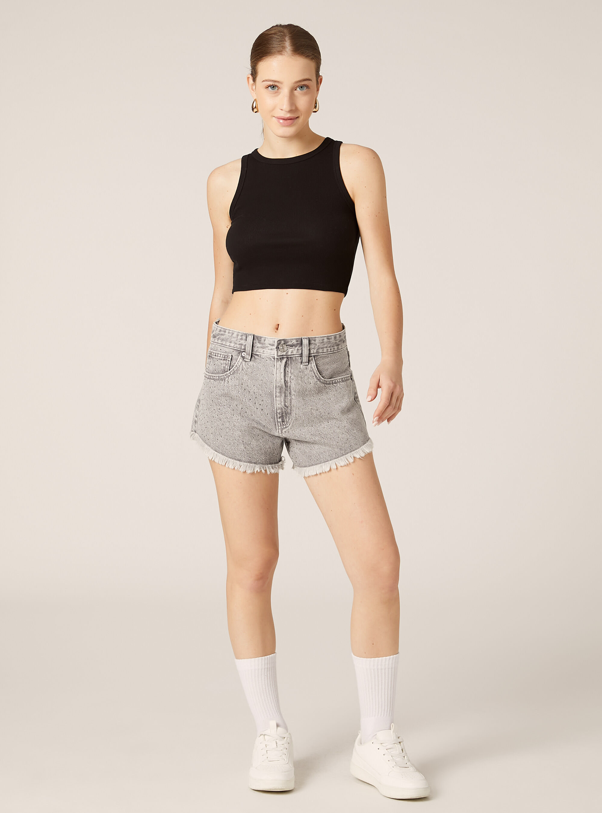 Shorts in denim con strass, D00G GREY