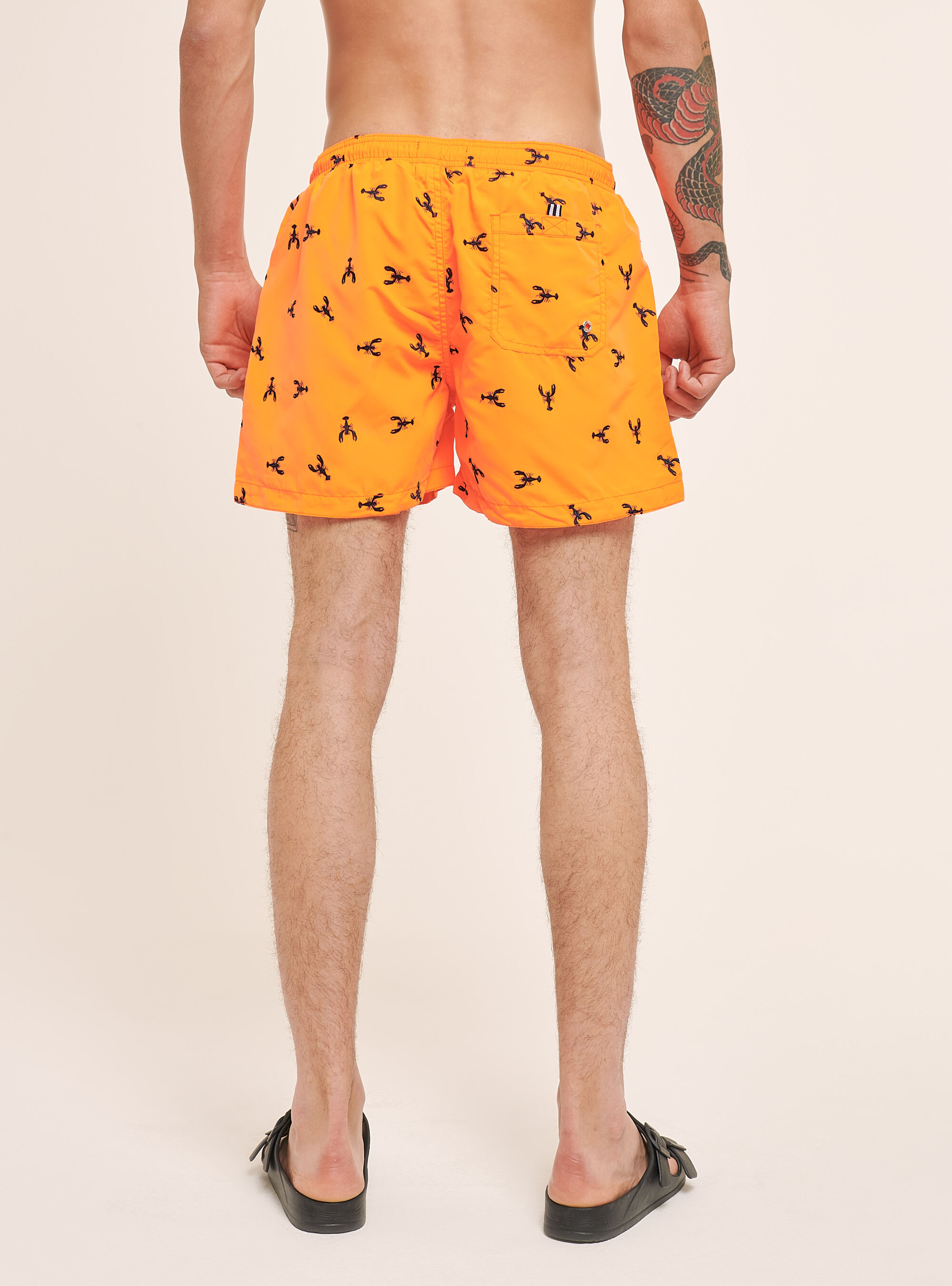 Plain-coloured swimming costume with ''Lobster'' embroidery, ORANGE FLUO