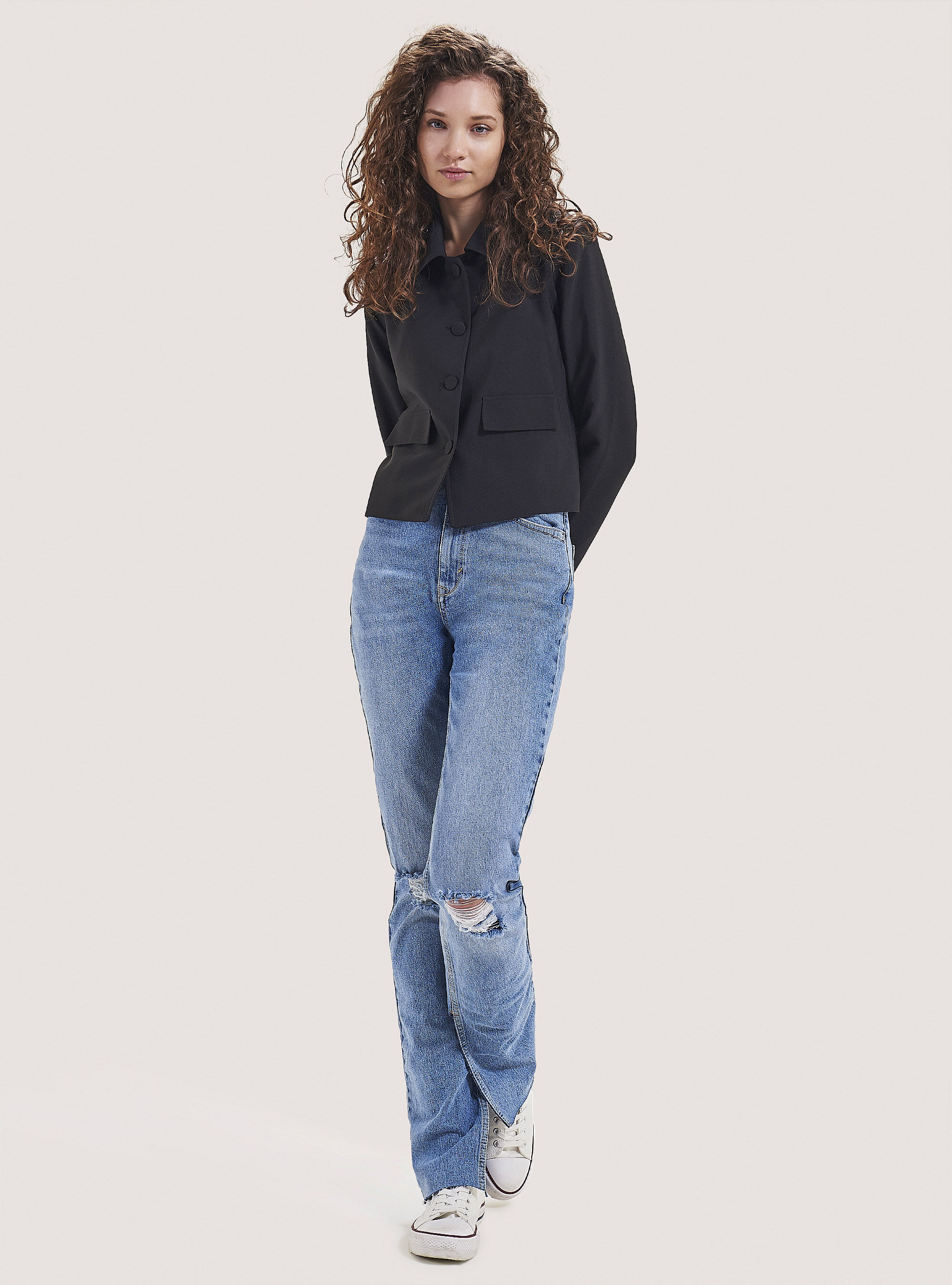 Plain colour cropped blazer, BLACK