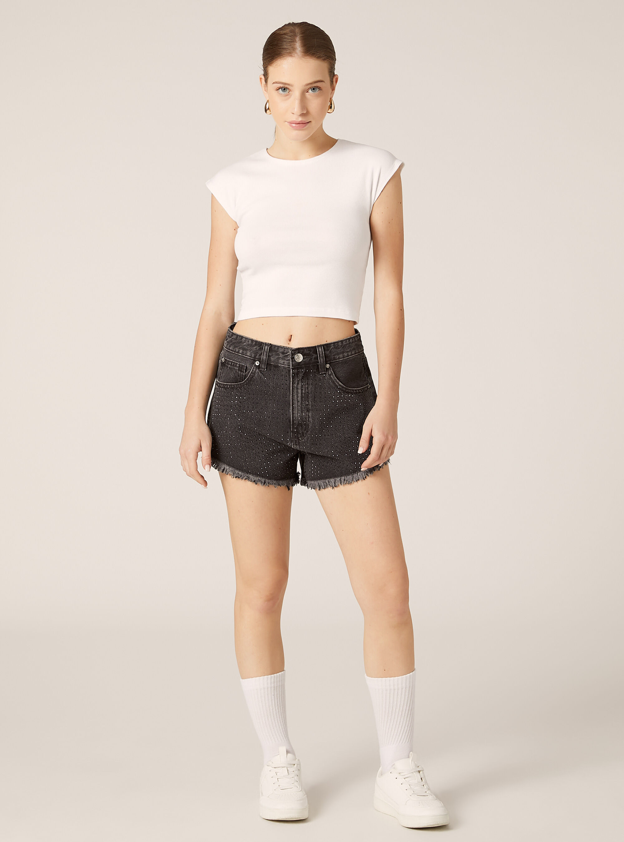 Shorts in denim con strass, D000 BLACK