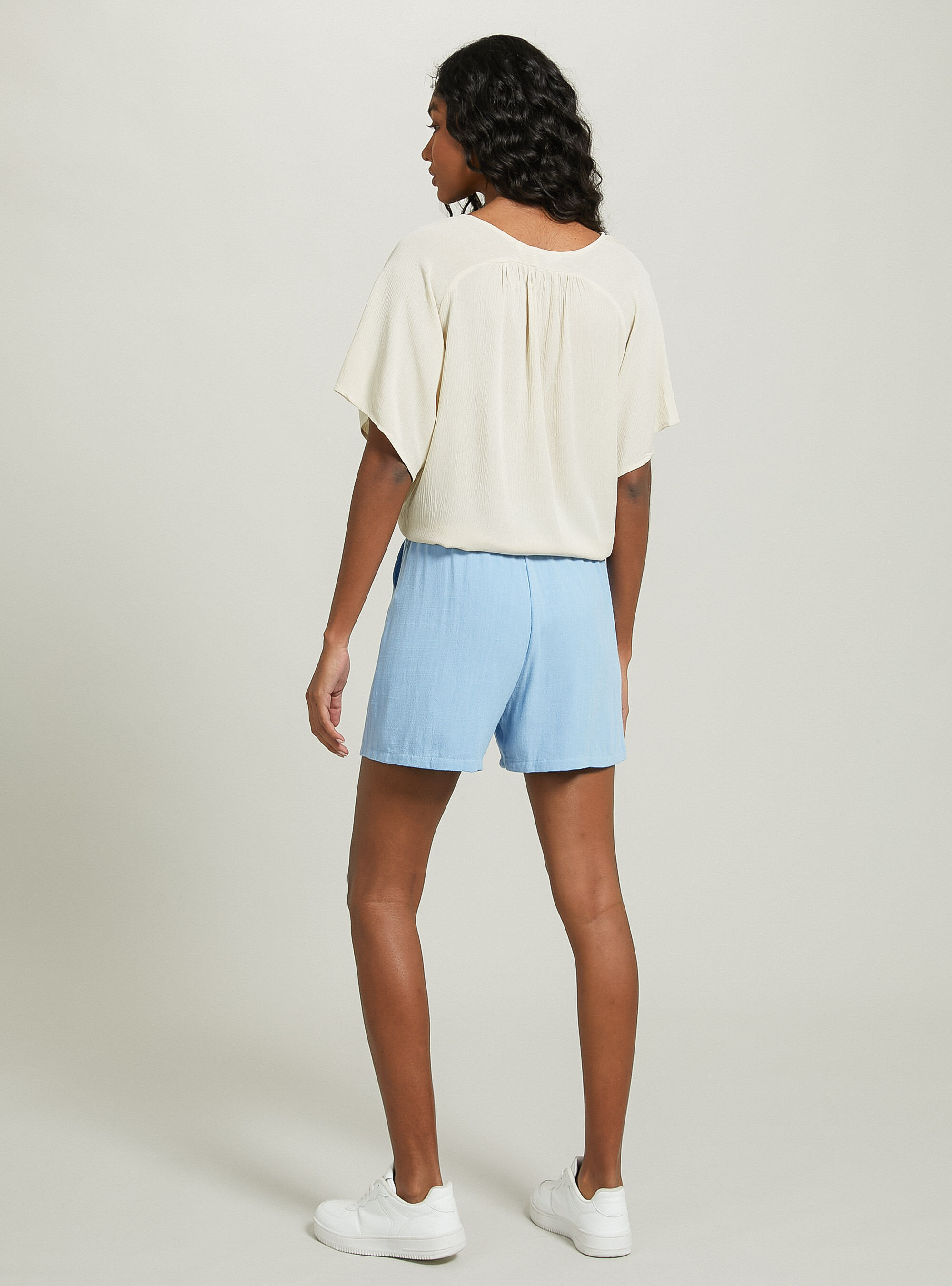 Plain v-neck shirt with waist knot, BG3 BEIGE LIGHT