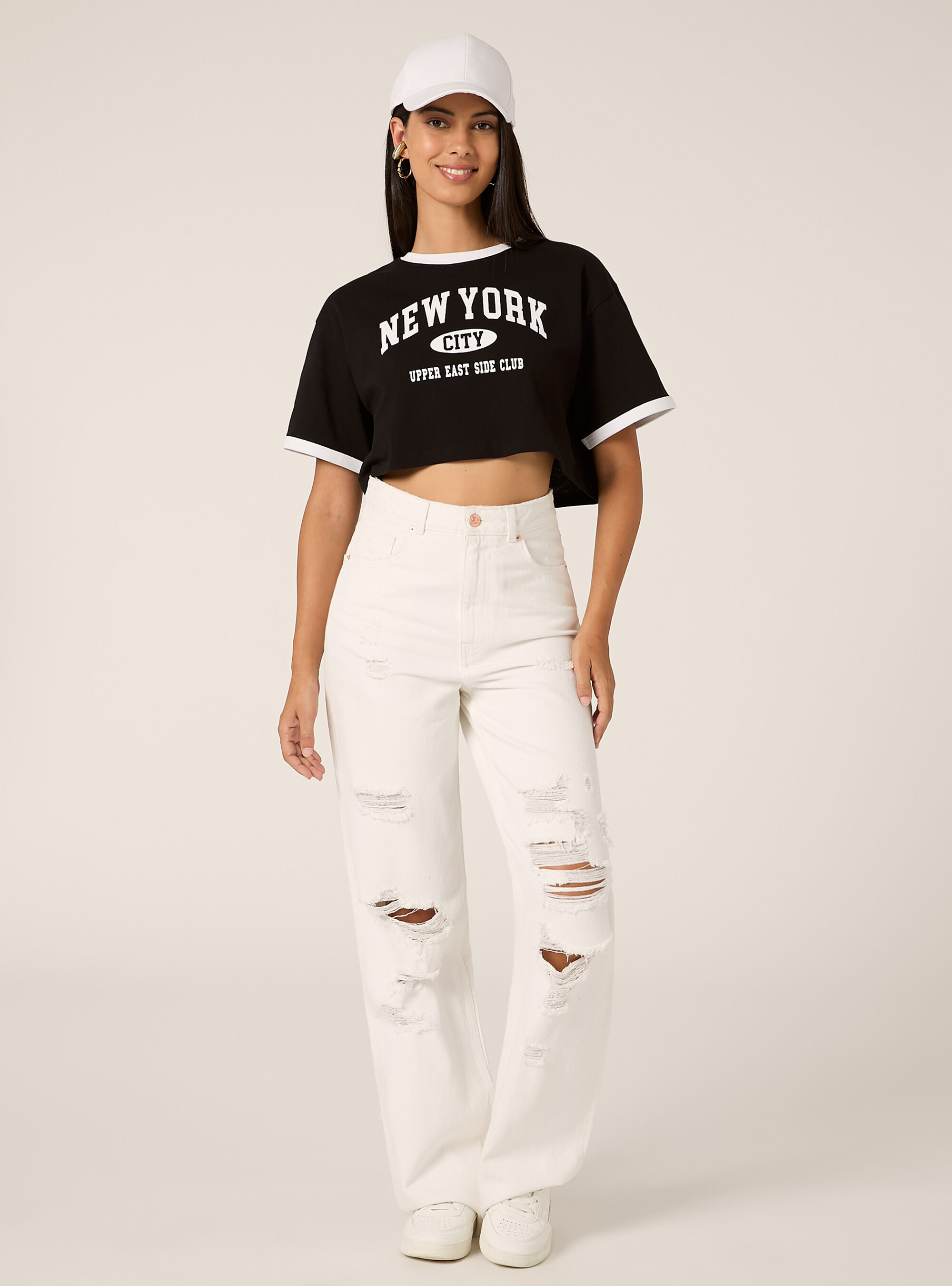 Cropped-T-Shirt mit College-Print, BK1 BLACK