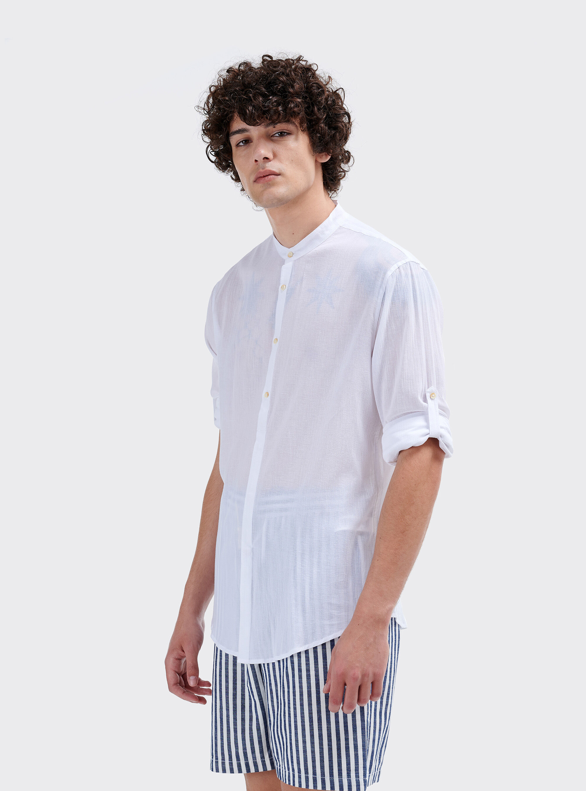 Chemise col mao &agrave; manches longues, C099 WHITE