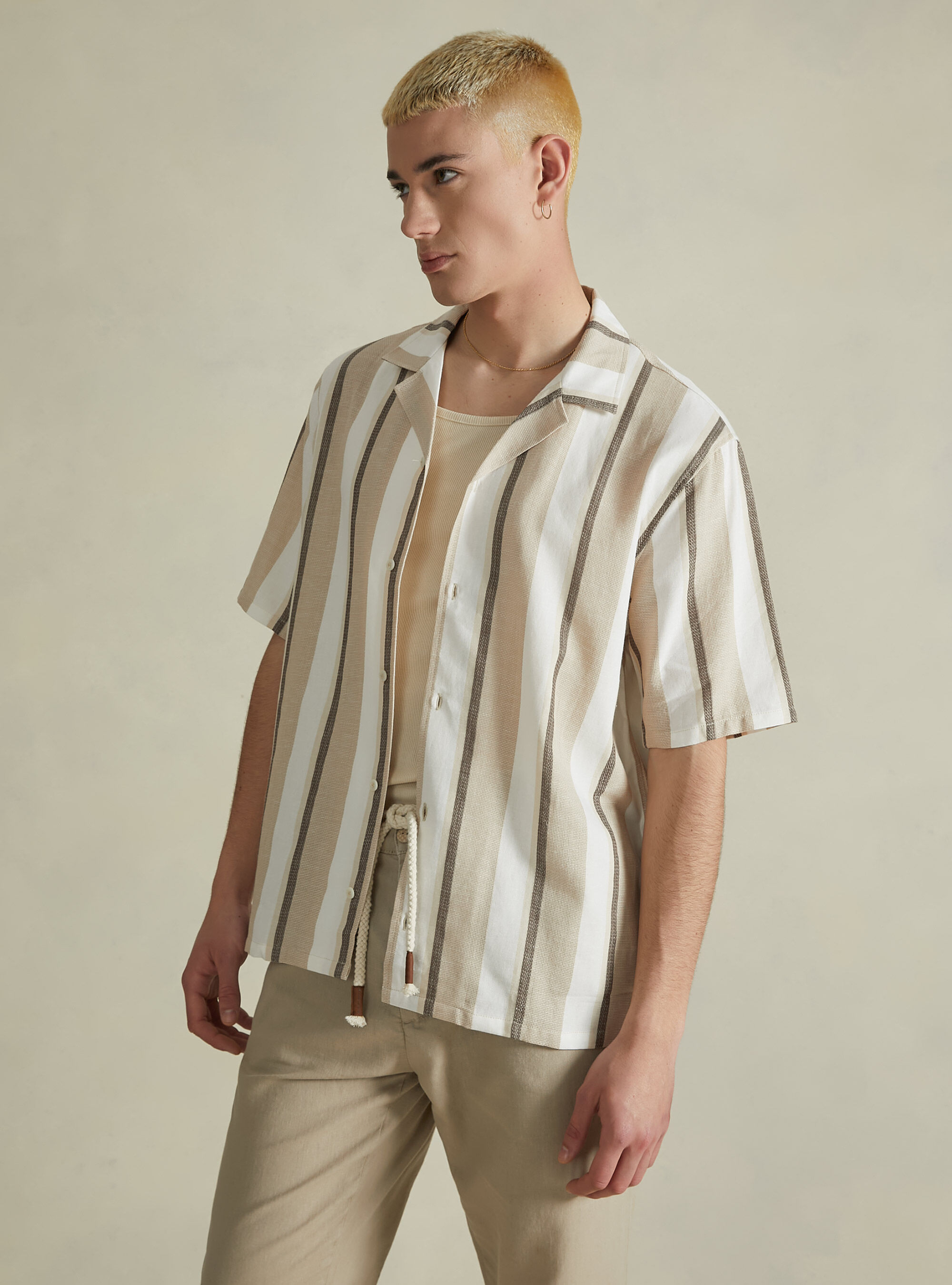 Linen blend striped shirt, BG2 BEIGE MEDIUM