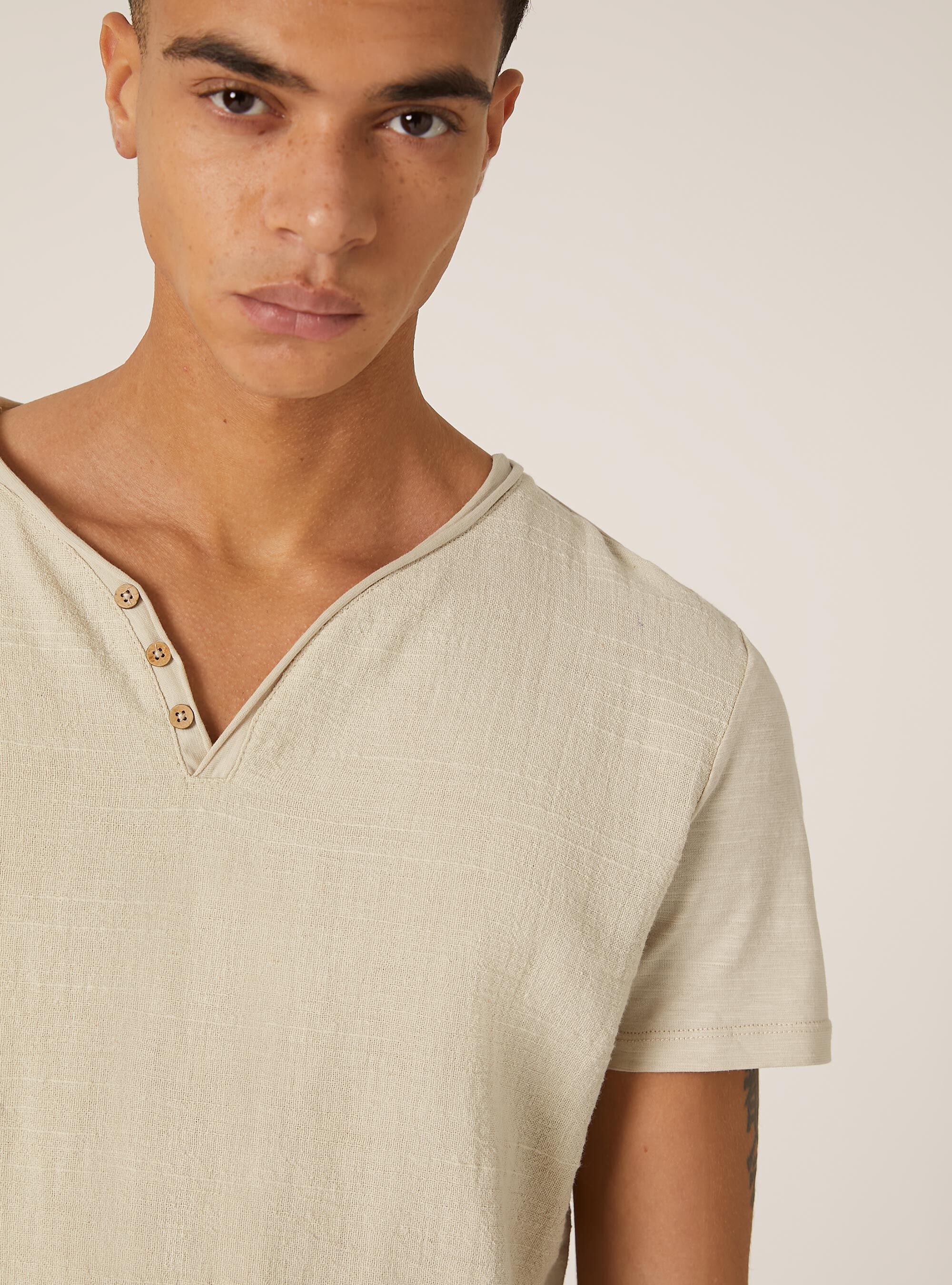 Camiseta con cuello en V en mezcla de lino, BG3 BEIGE LIGHT