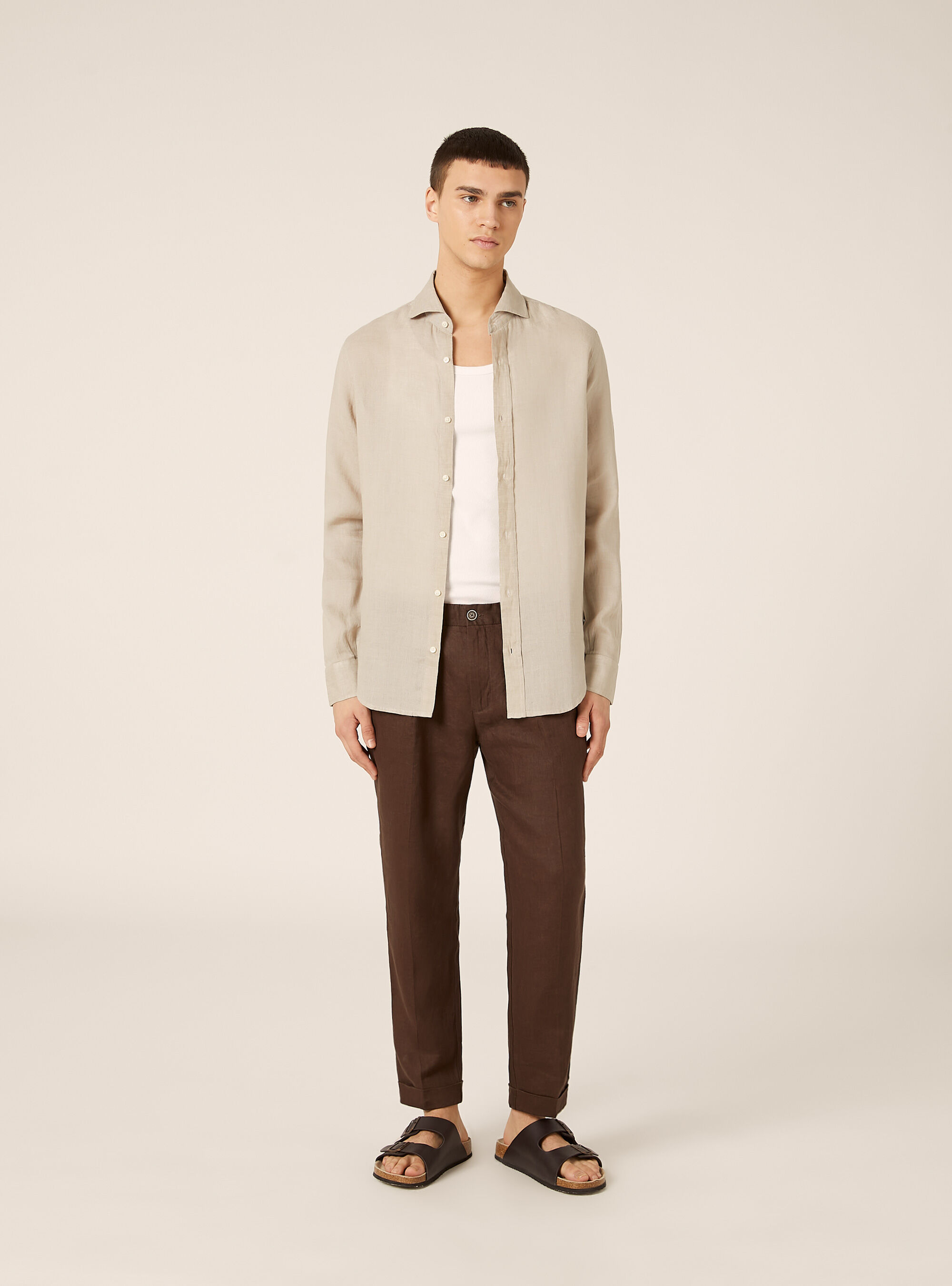 Camicia basica in lino, MBG2 BEIGE MEL MED