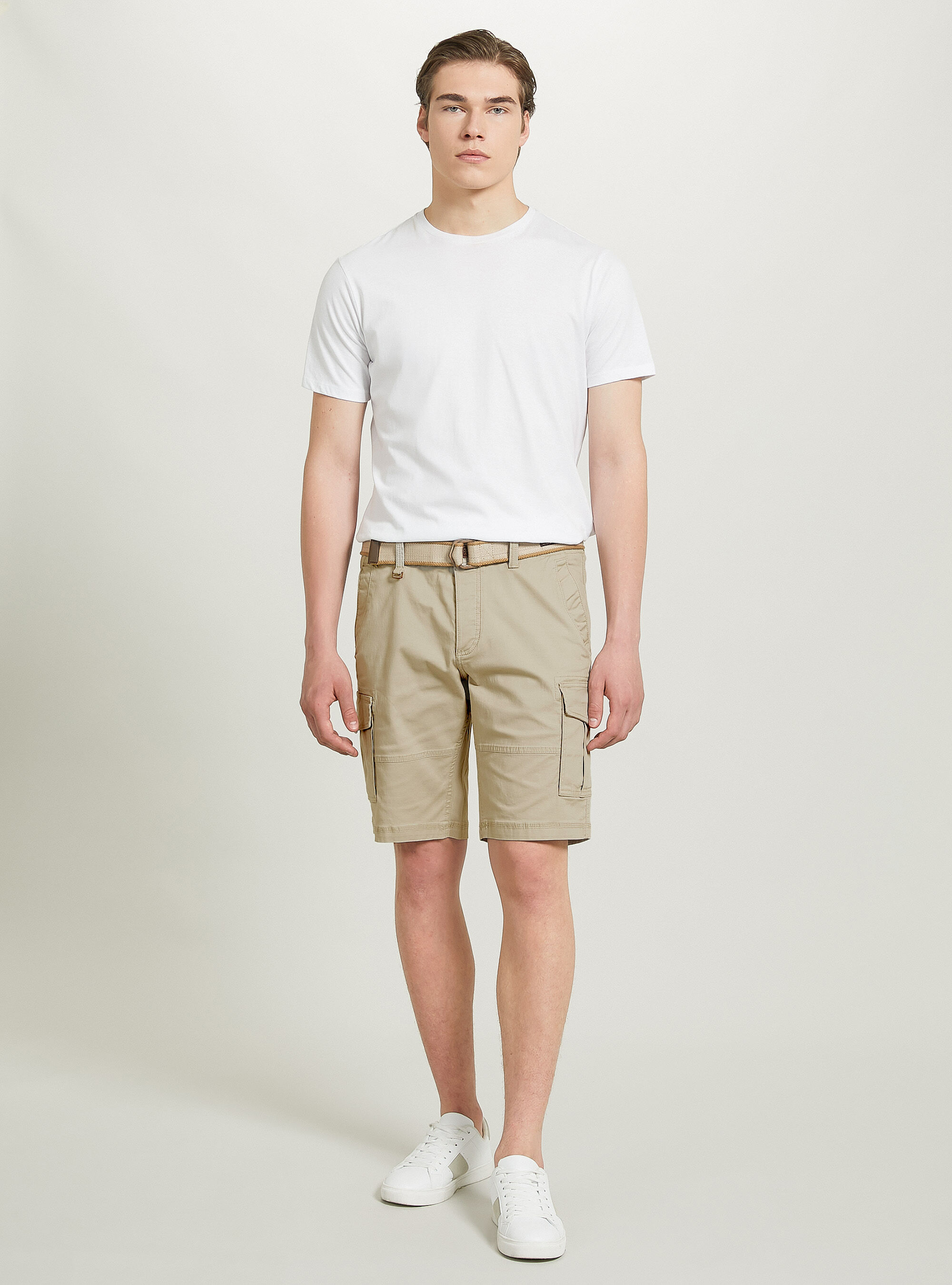 Cotton cargo bermuda shorts with canvas belt, SA2 SAND MEDIUM