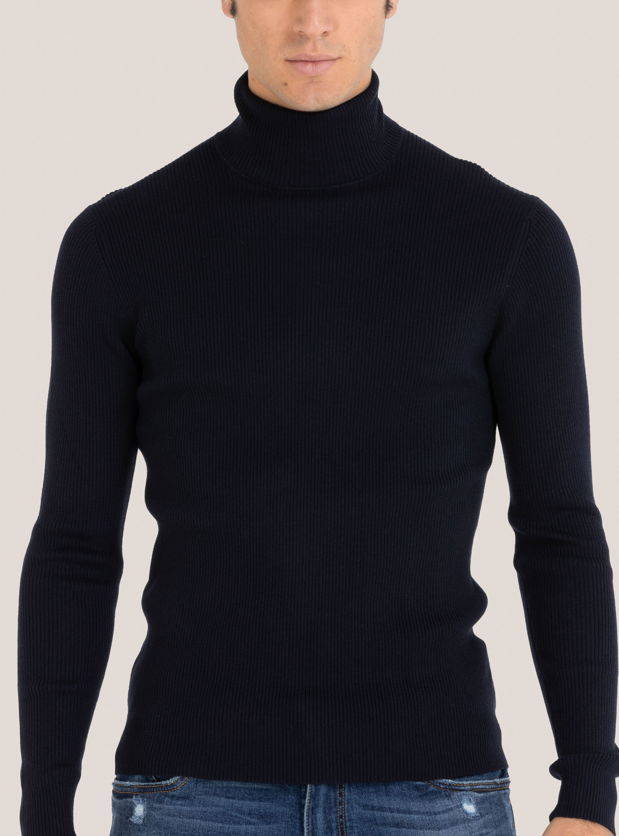 Pullover collo alto a coste, BLU MARINO